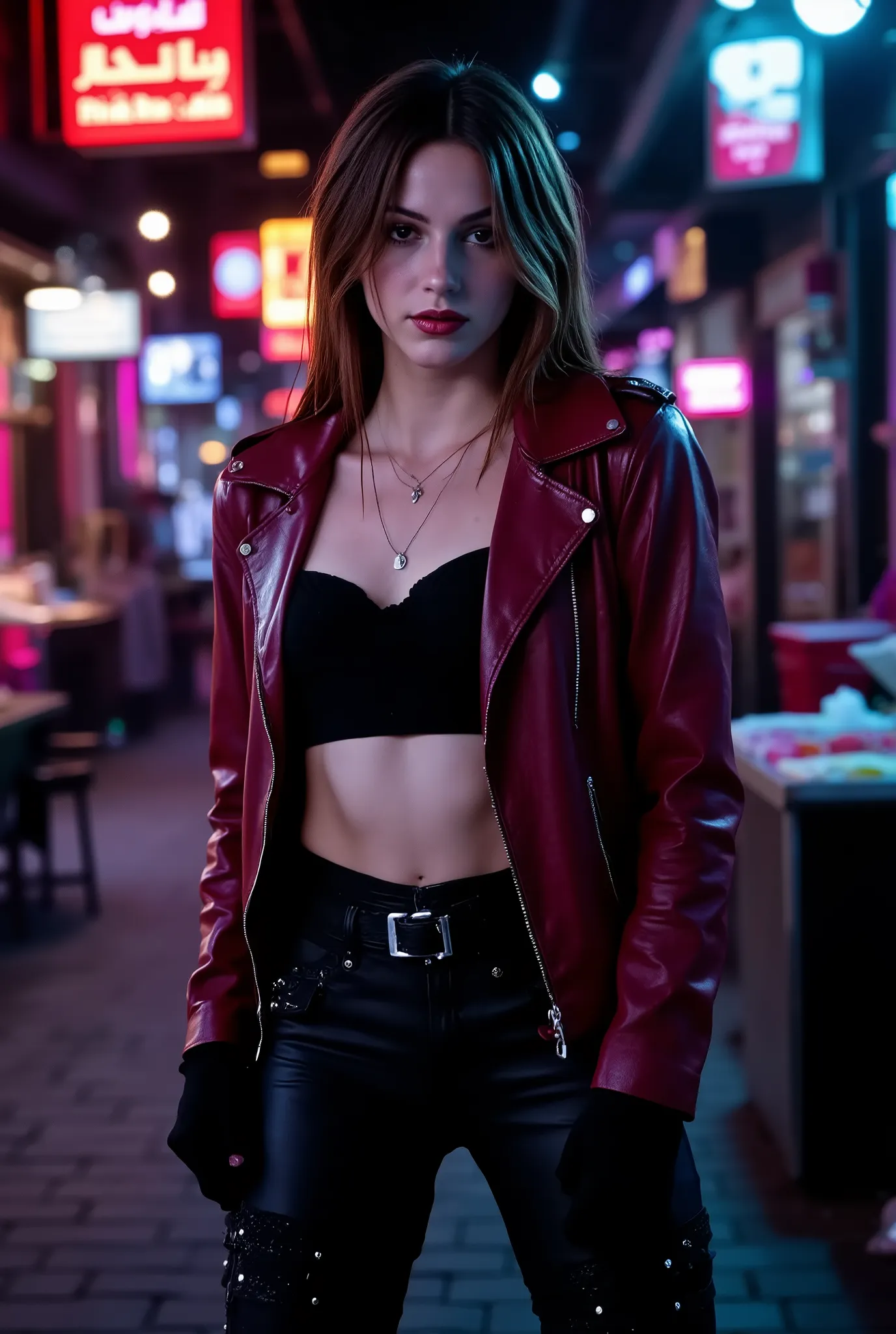 Amanda Riley, woman, dark red leather jacket,black undershirt,black leather pants with crotch lacing and a buckled belt,standing in a turkish marketplace,looking away from camera,low hanging necklace,bokeh,backlit glow