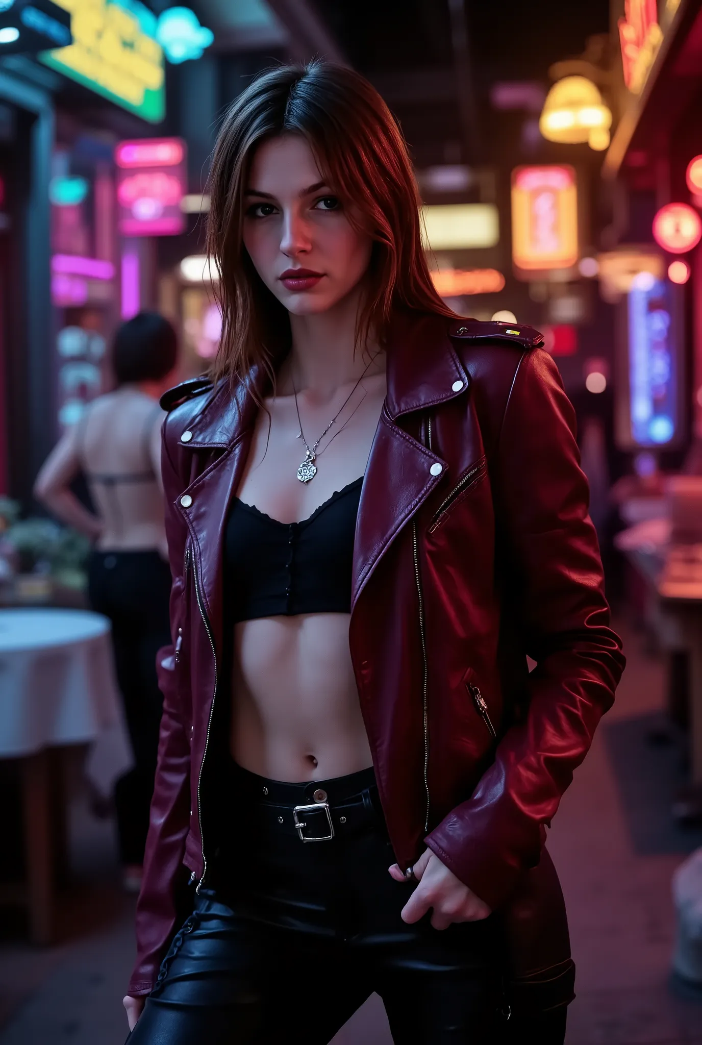 Amanda Riley, woman, dark red leather jacket,black undershirt,black leather pants with crotch lacing and a buckled belt,standing in a turkish marketplace,looking away from camera,low hanging necklace,bokeh,backlit glow
