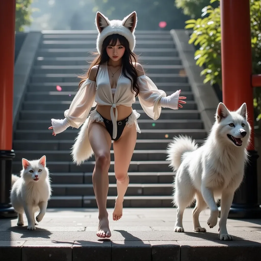 Extremely Detailed Smoking hot 巫女 in Live-Action, Smoky witchcraft, The white fox Transformed into a Kawaii Bishoujo, Stunning ReflectiveEyes, 変化之術, Haunting and Ethereal, Luminous Rainbow Particles, GodRays, Foxy Pose, Stone stairs, Jumping-Like Running by Quadrupedal Position from side below, Bear Both Feet, Stuffed fox cap, Senbon TORII at Fushimi Inari, Pair of INARI Fox, FUNDOSHI, Get on all fours and Hip Lift
