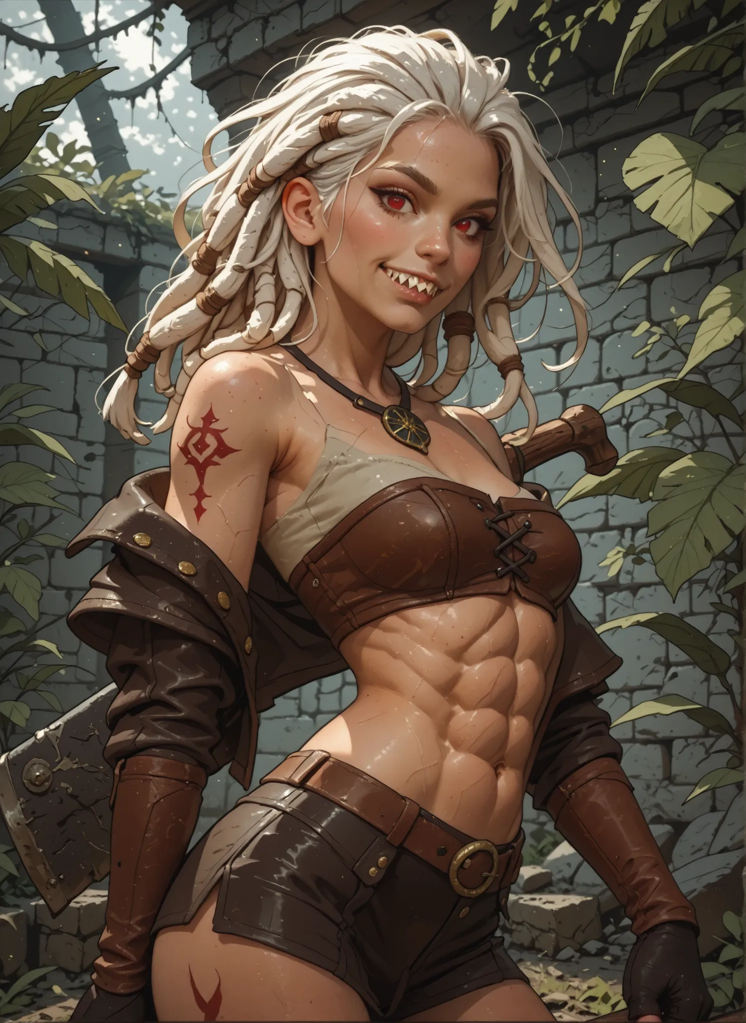Slender body. White skin. Cute 18-year-old Asian girl with Asian red eyes and sharp teeth and dreadlocks with white highlights. She has a cute and beautiful face. She has a round and young face with a pointy chin. Her body is athletic with abs. She wears m...
