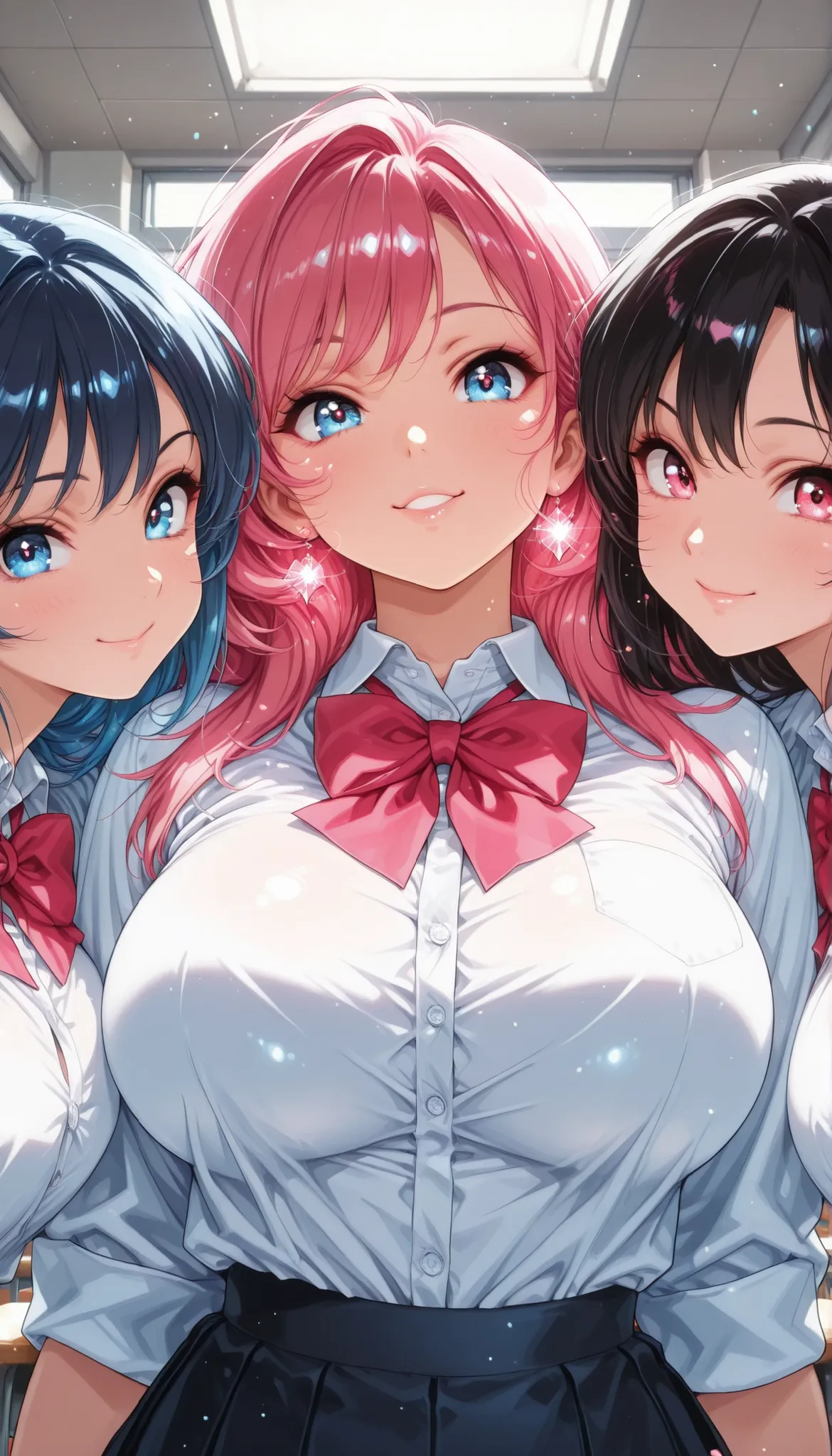 beautiful digital illustration, with attention to detail, ((3 women in girls' high school uniforms:1.2)), Beautiful Woman's Face, beautiful eyes on my stomach, long lashes, Facial details:1.2, colorfulな髪の色, (Blue Hair, pink hair, black hair), Big Breasts, ...