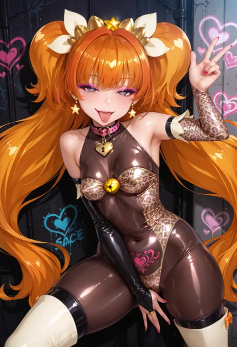 Cure Twinkle. Orange hair. Black hair accessory. Sleepy eyes. Pink pupils. Eyeshadow. Smirking. Showing tongue. Glossy. Evil magical girl costume. Brown bodysuit. Pink leopard print accessory. Heart lock on collar. Perky breasts. Curvy waist. Thighs. Black...