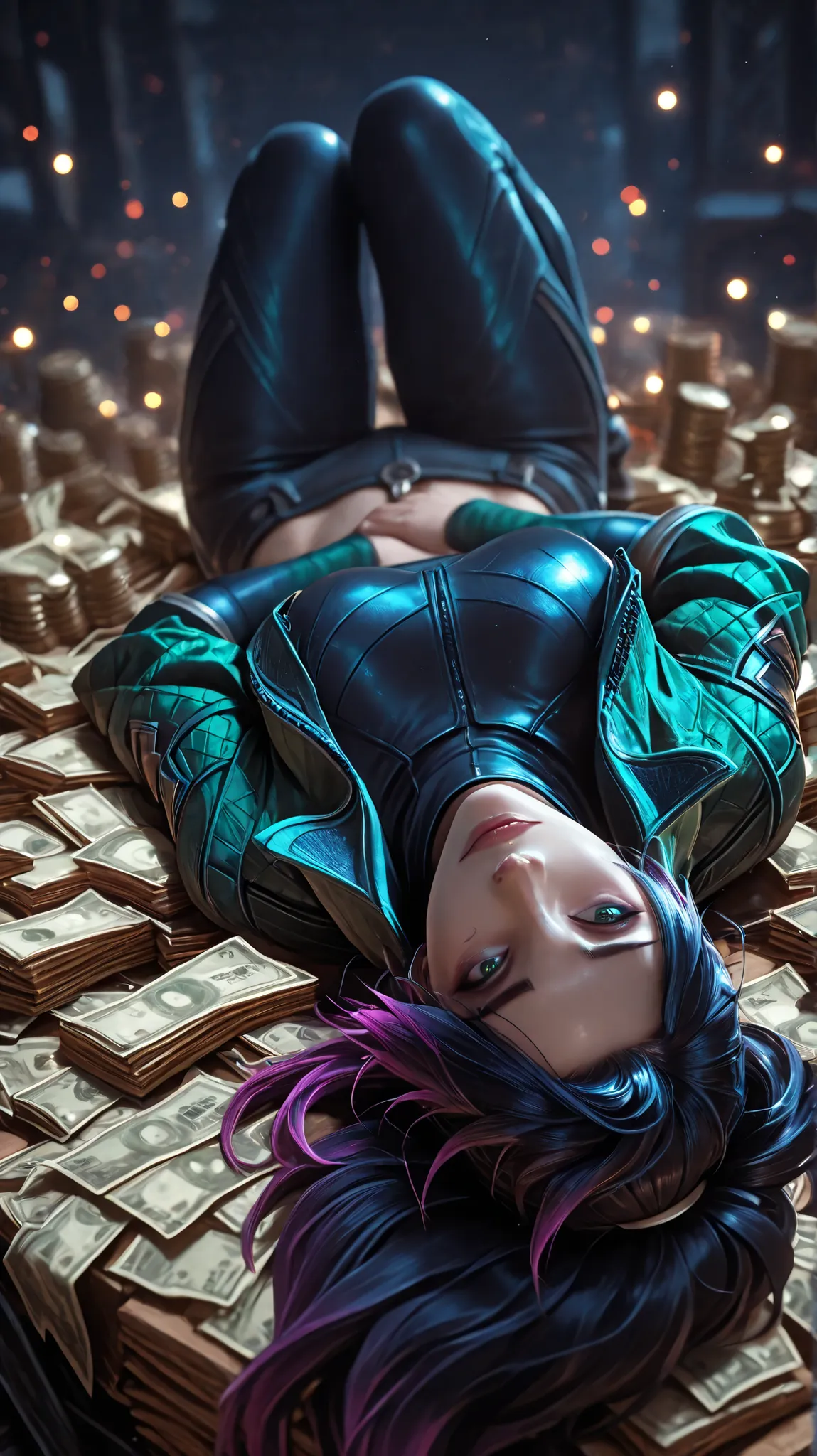 Akali from League of Legends, white green jacket, black hair, Lying around on a pile of money, professional, 4K, masterpiece, ultra-detailed, hyperrealistic, HDR, physically-based rendering, studio lighting, sharp focus, extreme detail, vivid colors, bokeh...