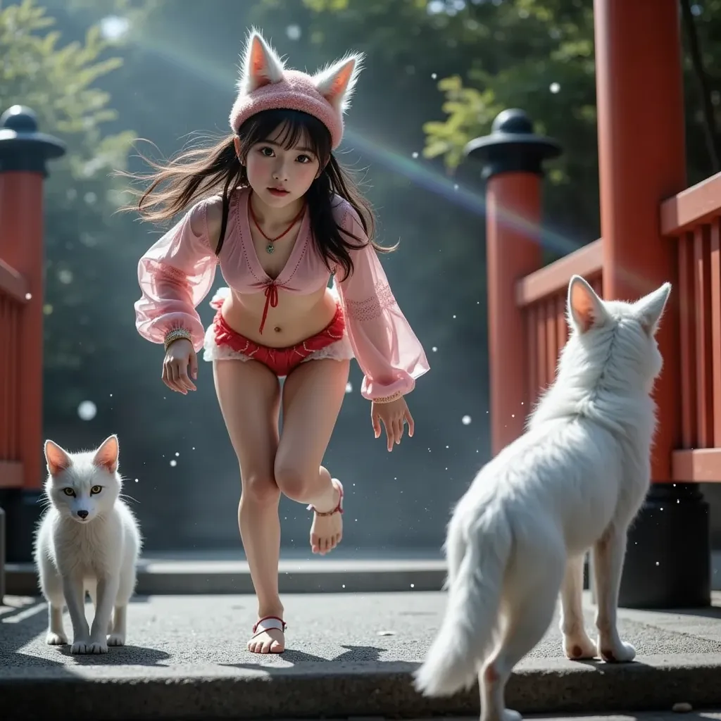 Extremely Detailed Smoking hot 巫女 in Live-Action, Smoky witchcraft, The white fox Transformed into a Kawaii Bishoujo, Stunning ReflectiveEyes, 変化之術, Haunting and Ethereal, Luminous Rainbow Particles, GodRays, Foxy Pose, Stone stairs, Flying-Like Running by Quadrupedal Position from side view, Bear Both Feet, Stuffed fox cap, Senbon TORII at Fushimi Inari, Pair of INARI Fox, FUNDOSHI, Get on all fours and Hip Lift