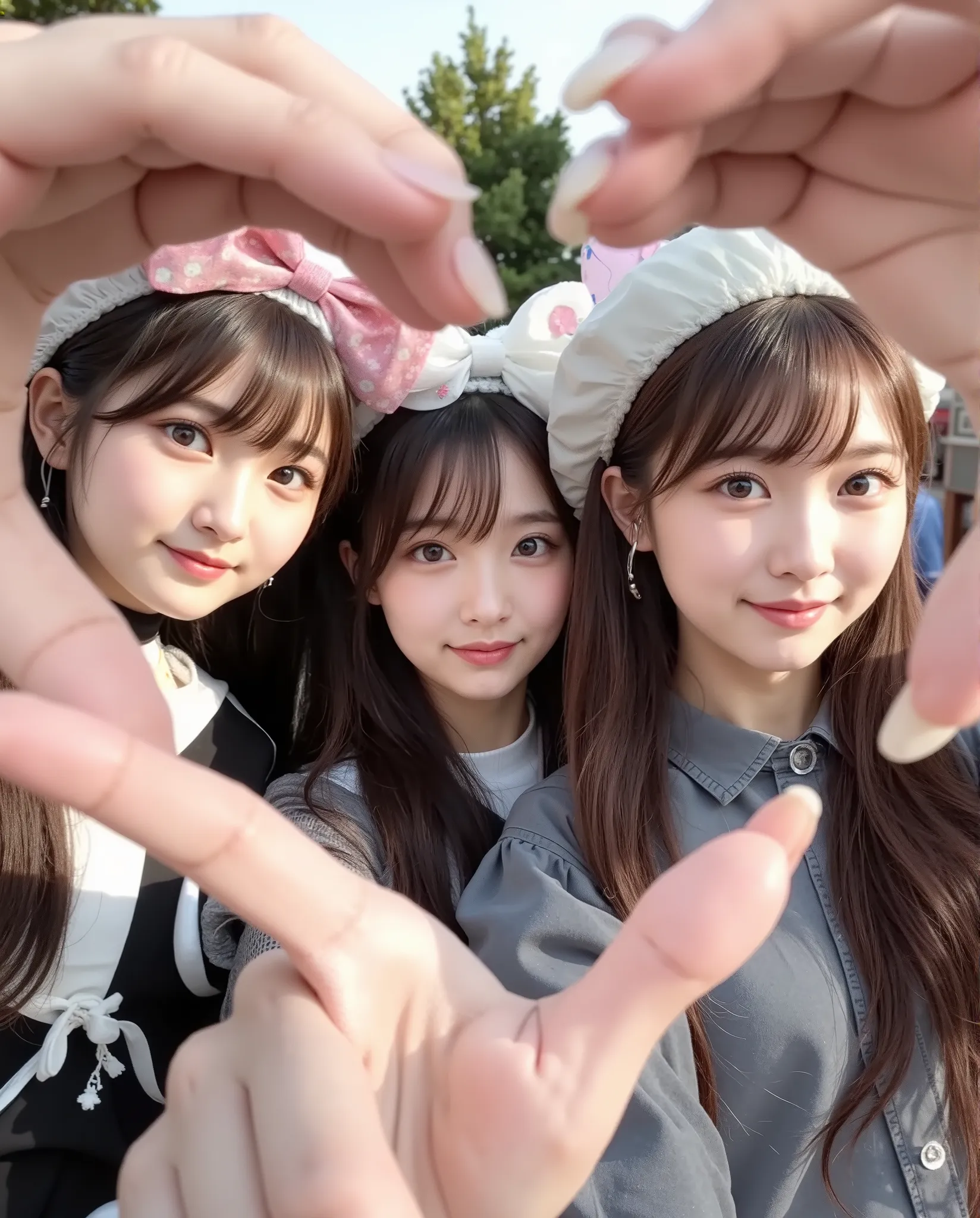 and enhances the cheerful mood、, A background that reminds me that they are at Tokyo DisneySea.The casual yet fun atmosphere、ung women hold hearts with their hands Make a gesture;A cute theme park headband is displayed on their heads, Large, pink and white...