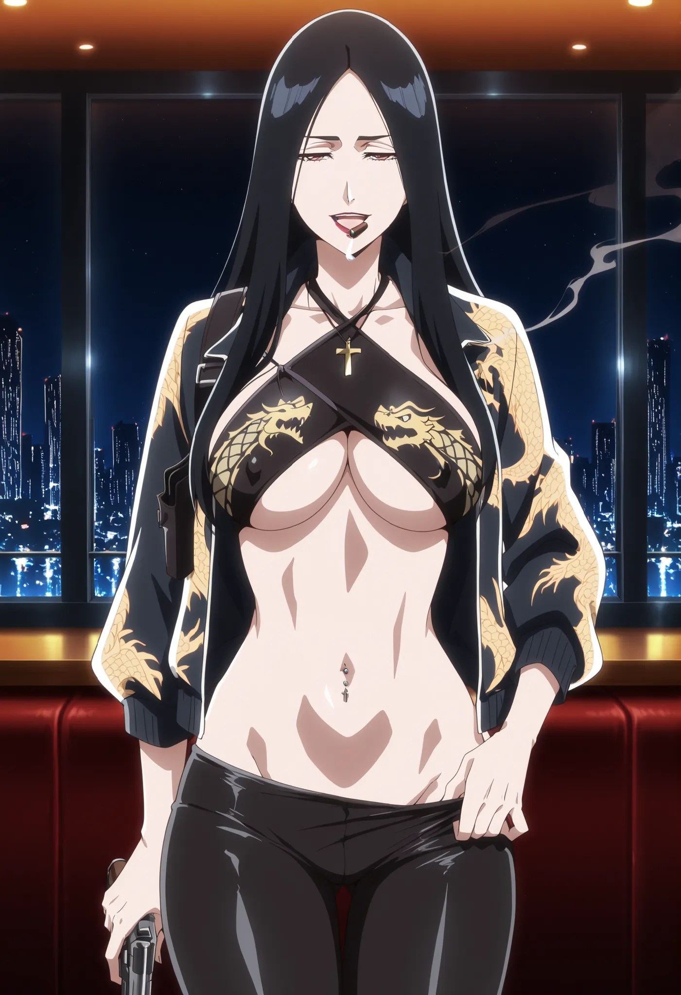 anime coloring, anime screenshot, masterpiece, best quality, amazing quality, detailed face, perfect fingers,
retsu_Unohana, 1 girl, ear piercing, long hair, , lipstick, Hot girl, baddie, smoking, sensual, attractive, cross necklace, pull_down leggings,(...