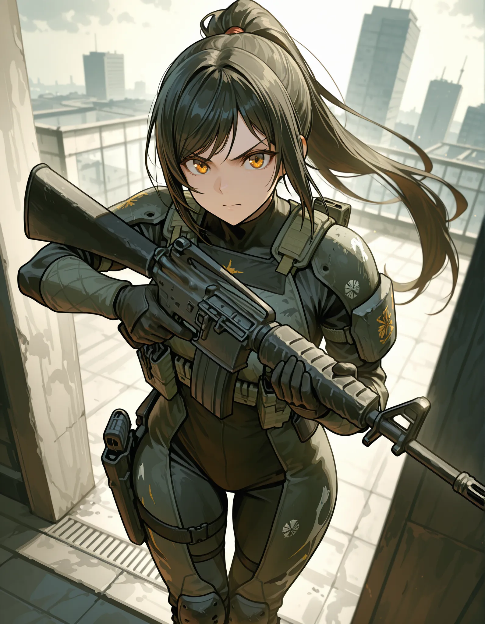 masterpiece, best quality, intricate details, detailed background, high res, highest quality, 8k, solo, solo focus, (perfect face:1.1), (high detail:1.1), 1female, ninja, mercenary, (holstered sword:1.2, katana:1.2) jet black hair, long hair, side-swept ba...