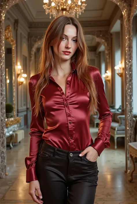 woman in mulbery shirt and black pants posing in a room, silk, satin, black, inspiration, onyx, amber, anja millen, wearing silk, close portrait, essence, victoria, portrait, classic portrait, elegant style, detailed realistic skin texture, realskin, silky...