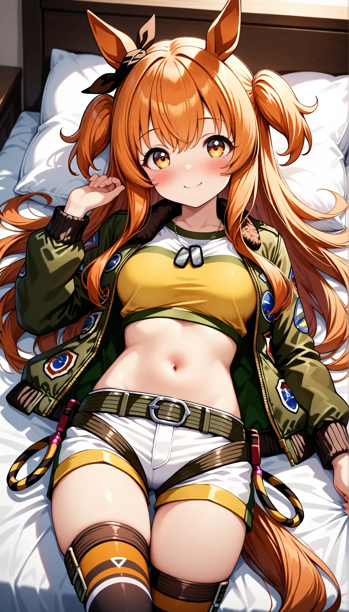 best quality,4k,8k,1girl,(medium breasts),blush,smile, mayano top gun (umamusume), shorts, bomber jacket, hair between eyes, open jacket, navel, shirt, horse ears, crop top, long sleeves, horse girl, jacket, ear bow, two side up, thighhighs, black ribbon, ...