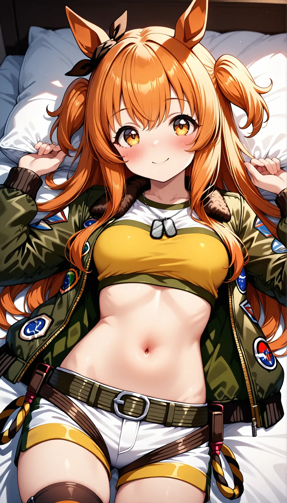 best quality,4k,8k,1girl,(medium breasts),blush,smile, mayano top gun (umamusume), shorts, bomber jacket, hair between eyes, open jacket, navel, shirt, horse ears, crop top, long sleeves, horse girl, jacket, ear bow, two side up, thighhighs, black ribbon, ...