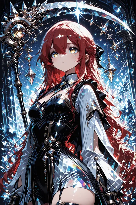 1 girl , golden eyes , very long hair , long sidelocks, red hair ,half updo, petite , very cute , beautiful ,Straight hair, cool, handsome, hair between eyes, sexy, medium breasts, holding a large scythe that resembles crystal, read paladin armor , crystal...