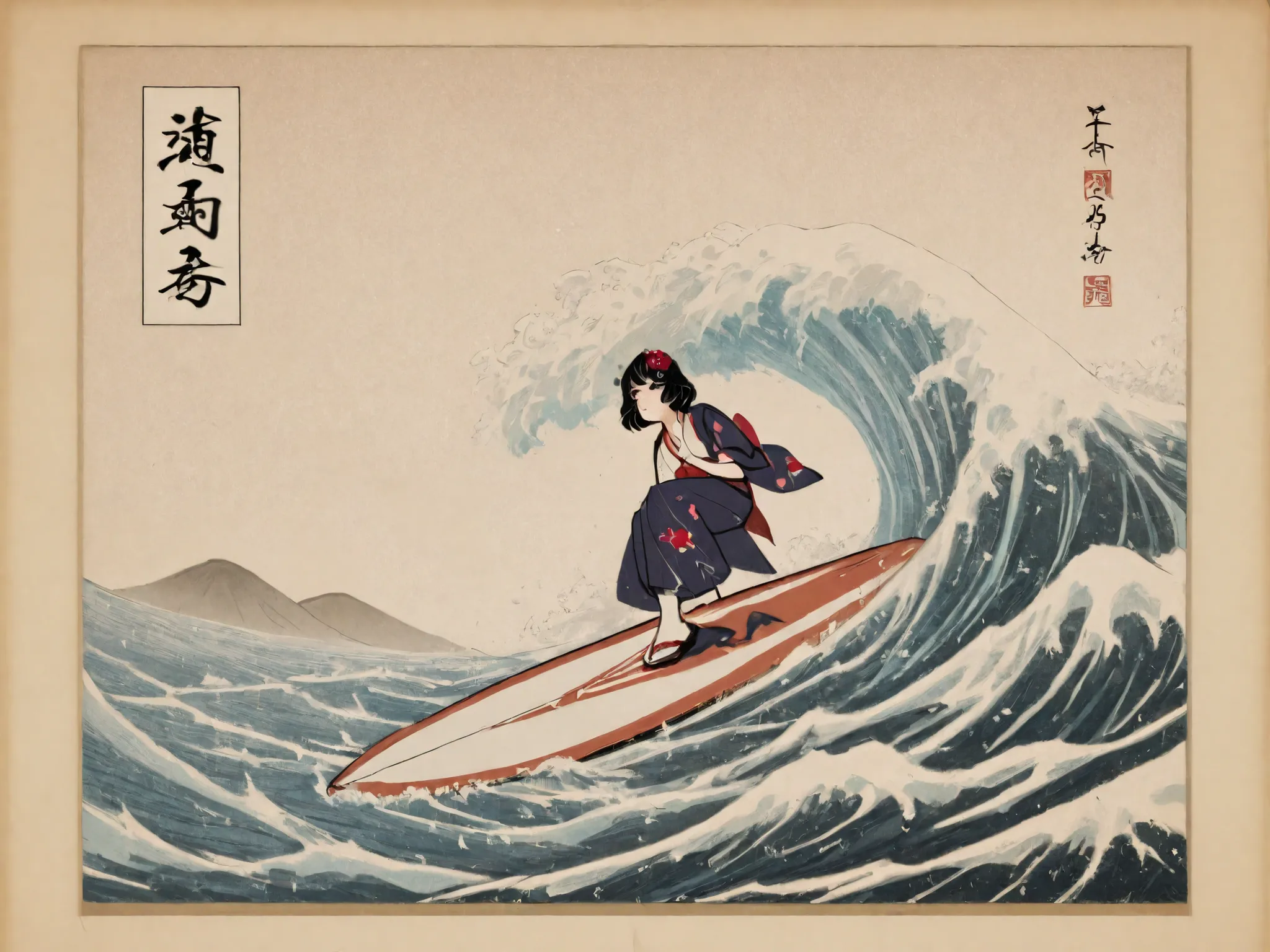  Katsushika Kitasai 、 Tomake Thirty-Six Scenes、サーフィンしている Ukiyo-eの侍、 Ukiyo-e、the surfboard looks like a cherry blossom blizzard、image The atmosphere in the image remains the same