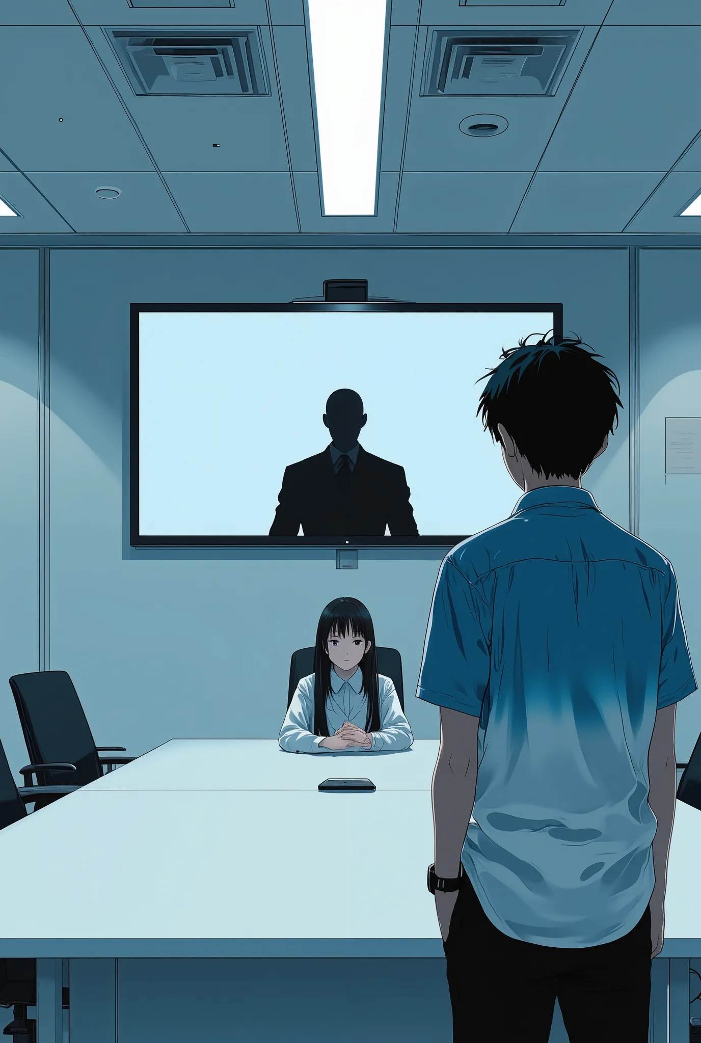 photo-realistic cinematic scene in a clean, modern office meeting room, a young Japanese man wearing a sky blue to white gradient shirt stands at one end of the table, staring tensely at a beautiful idol girl with expressionless eyes and a stiff, unnatural...