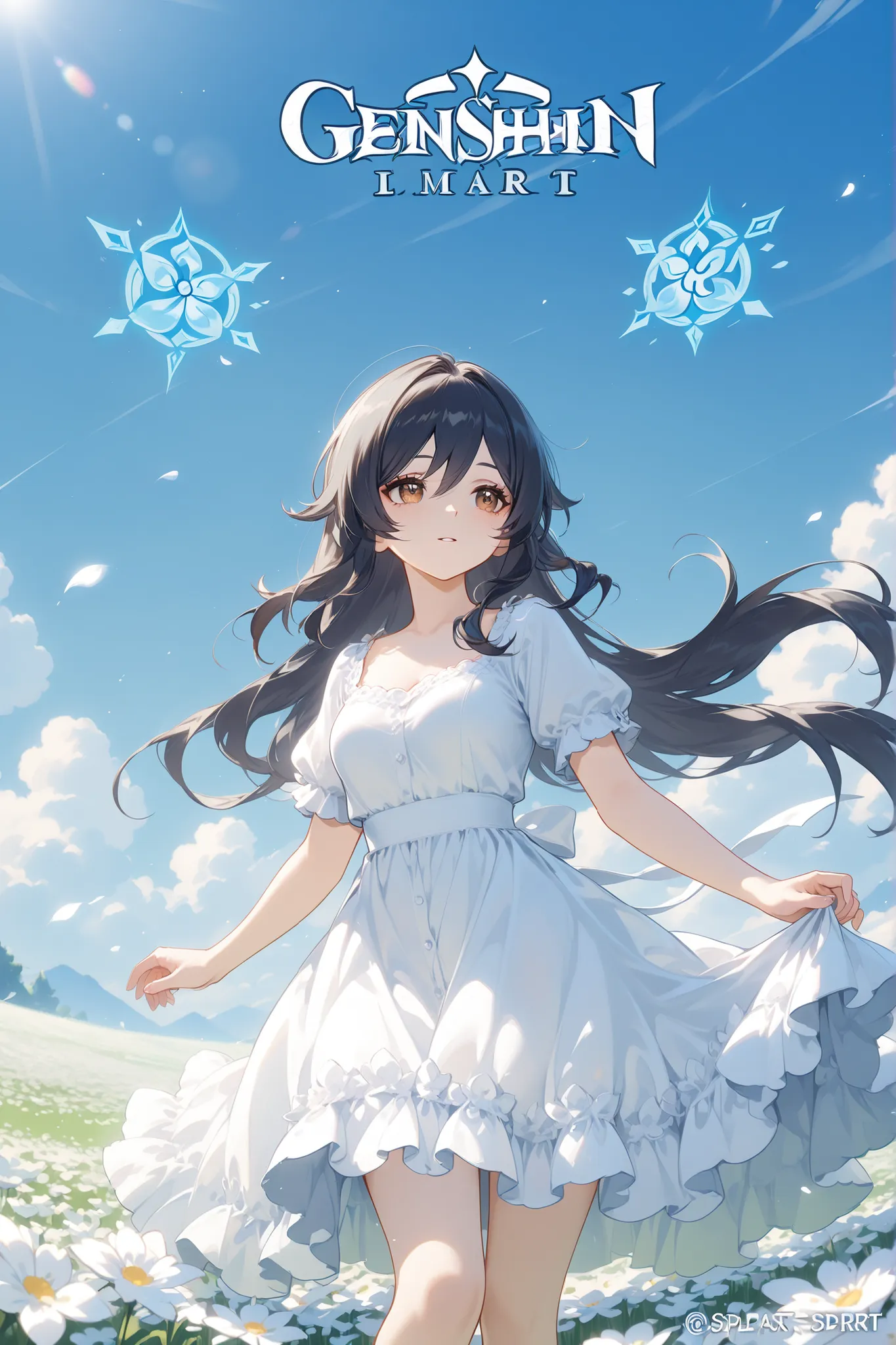 Genshin character, girl, long hair, black hair, brown eyes, short girl, flower field, floating in the air, splash art, modest clothes, anime style