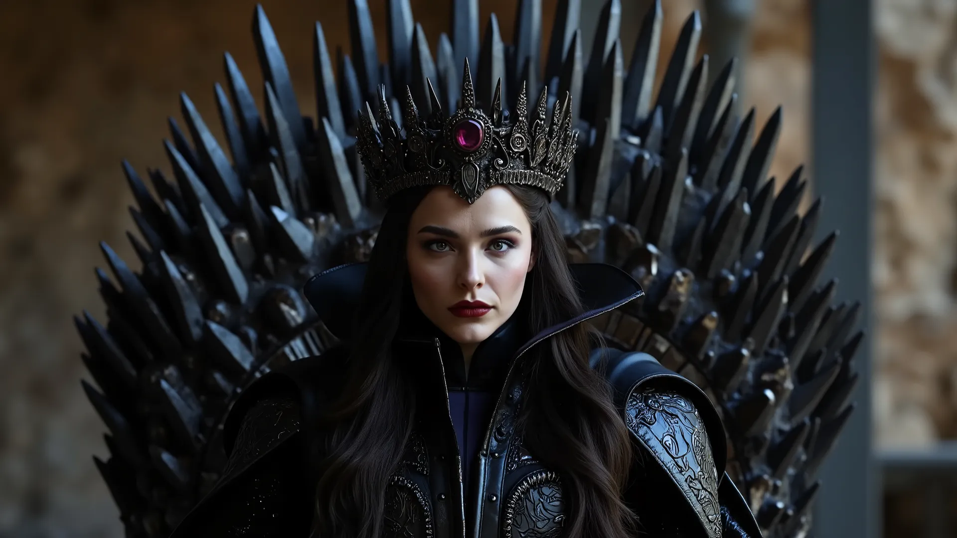 Create a cinematic, ultra-realistic portrait of a beautiful and formidable evil queen seated on a throne with sharp spikes. She exudes an aura of darkness, with sharp fingernails, perfect waist, long flowing hair, and piercing eyes that convey her malevole...