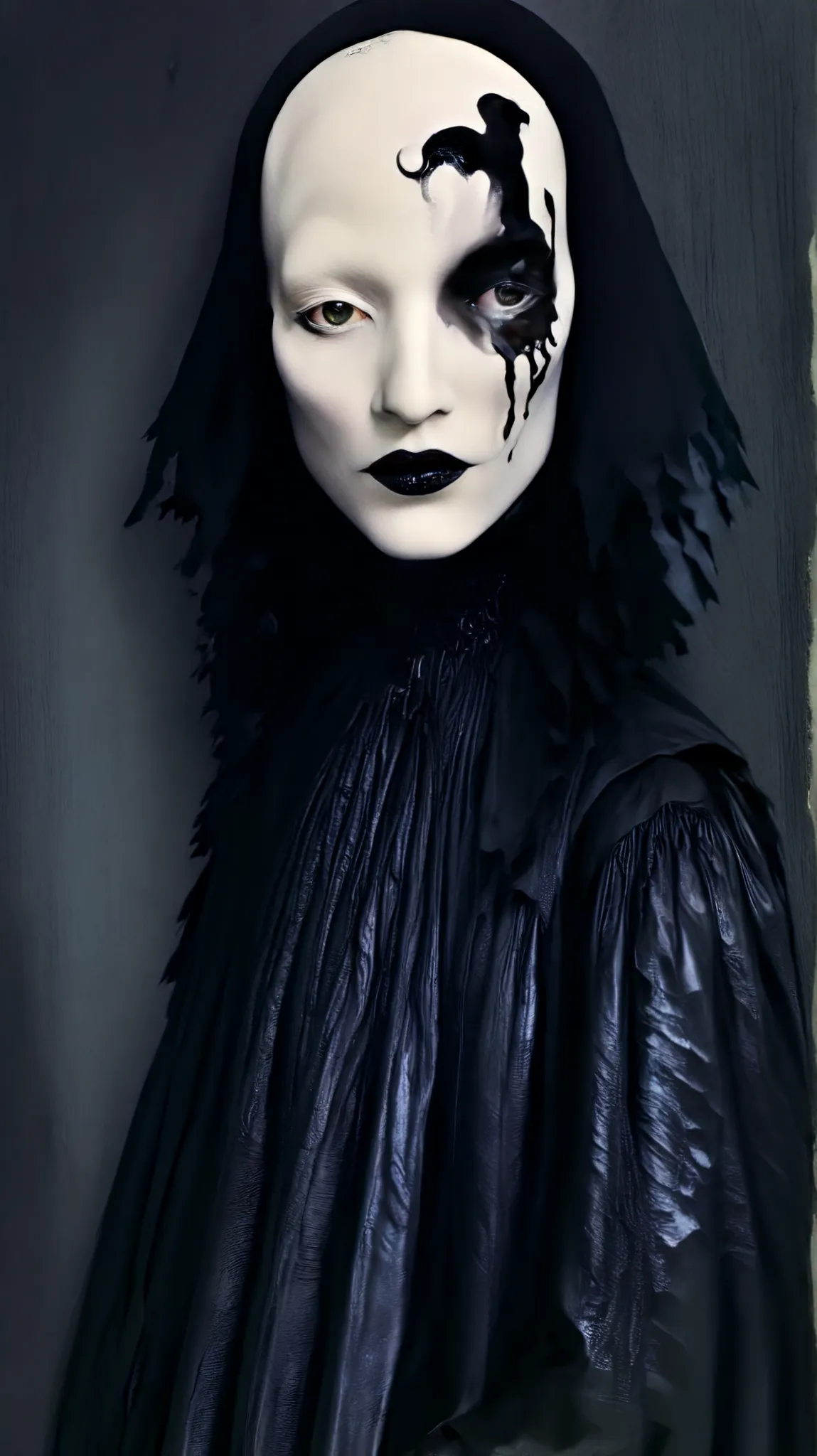 Tim Walker inspired, photography, trendy close up, leather fetish extreme sinister, whimsical settings, surreal elements, creative storytelling, vibrant colors, (detailed face:1.05), hyperrealistic, Photorealistic. Gothic