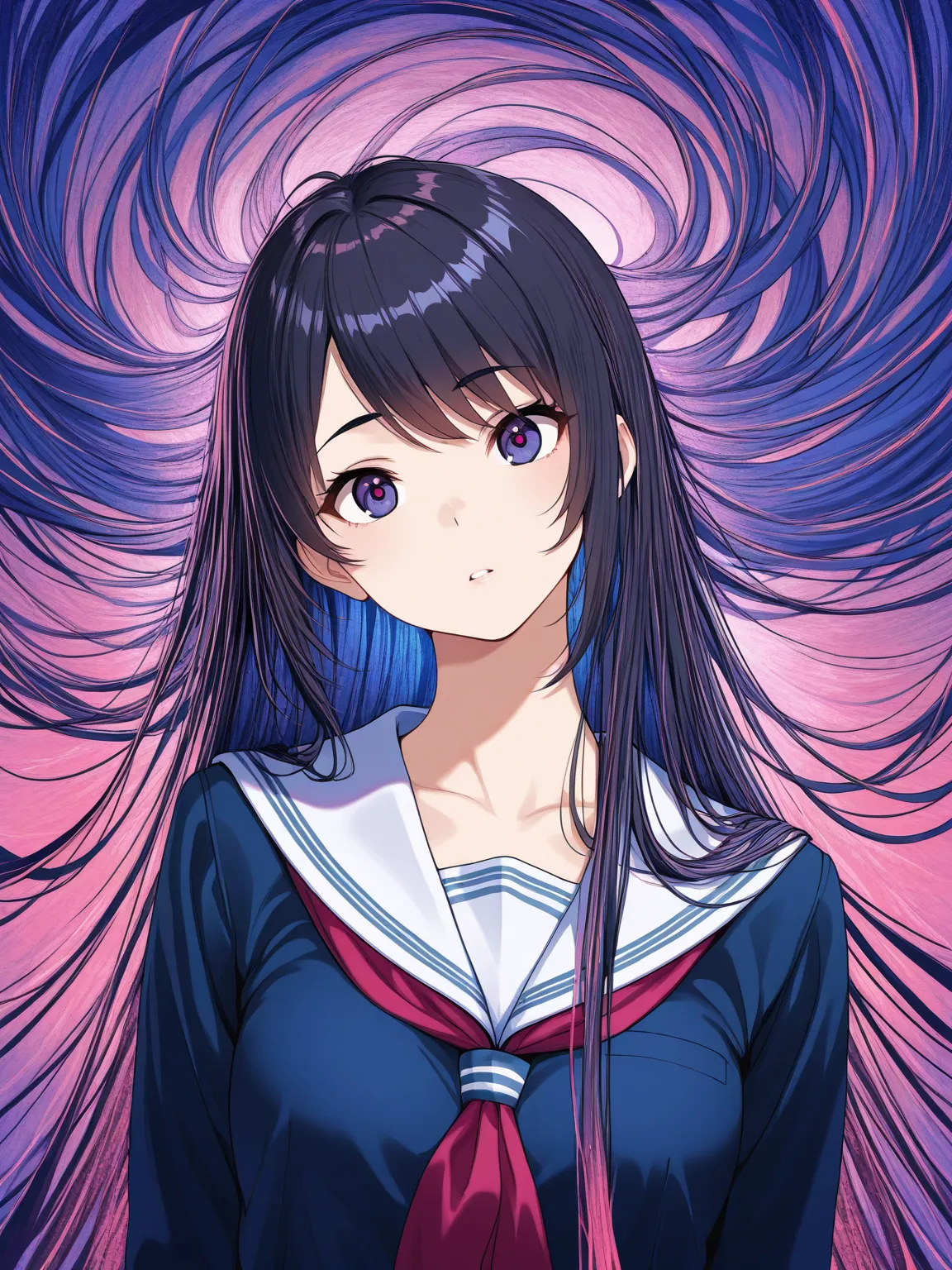 bust-up shot, Front view,  school girl, head tilted to one side at a noticeable angle, dynamic head tilt, visible neck angle, hair flowing with the tilt, confused and doubtful expression, slightly furrowed brows, vibrant colors, detailed hair and expression, dark hair, school uniform, wide shot, 