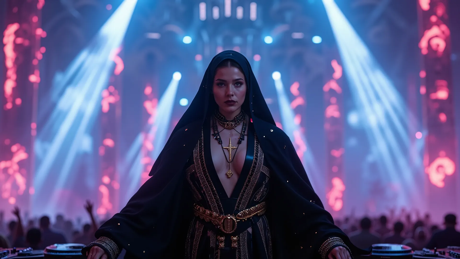 Hyper-realistic night-time scene of a massive electronic music festival. On the central stage, surrounded by lights, lasers, fog, and columns of blue and fuchsia fire shooting skyward, stands a stunning and enigmatic female DJ — a nun with a long, flowing ...