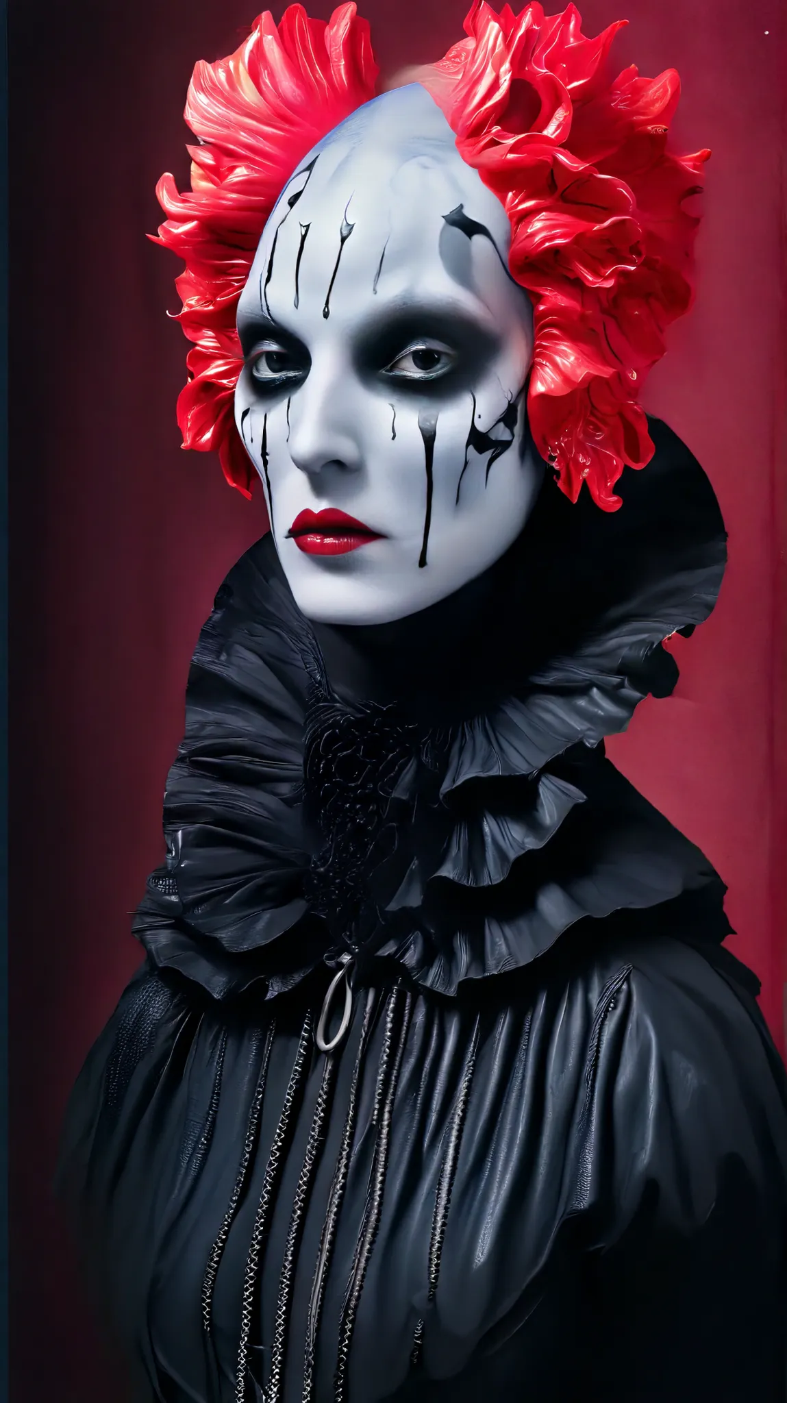 Tim Walker inspired, photography, trendy close up, leather fetish extreme sinister, whimsical settings, surreal elements, creative storytelling, vibrant colors, (detailed face:1.05), hyperrealistic, Photorealistic. Gothic