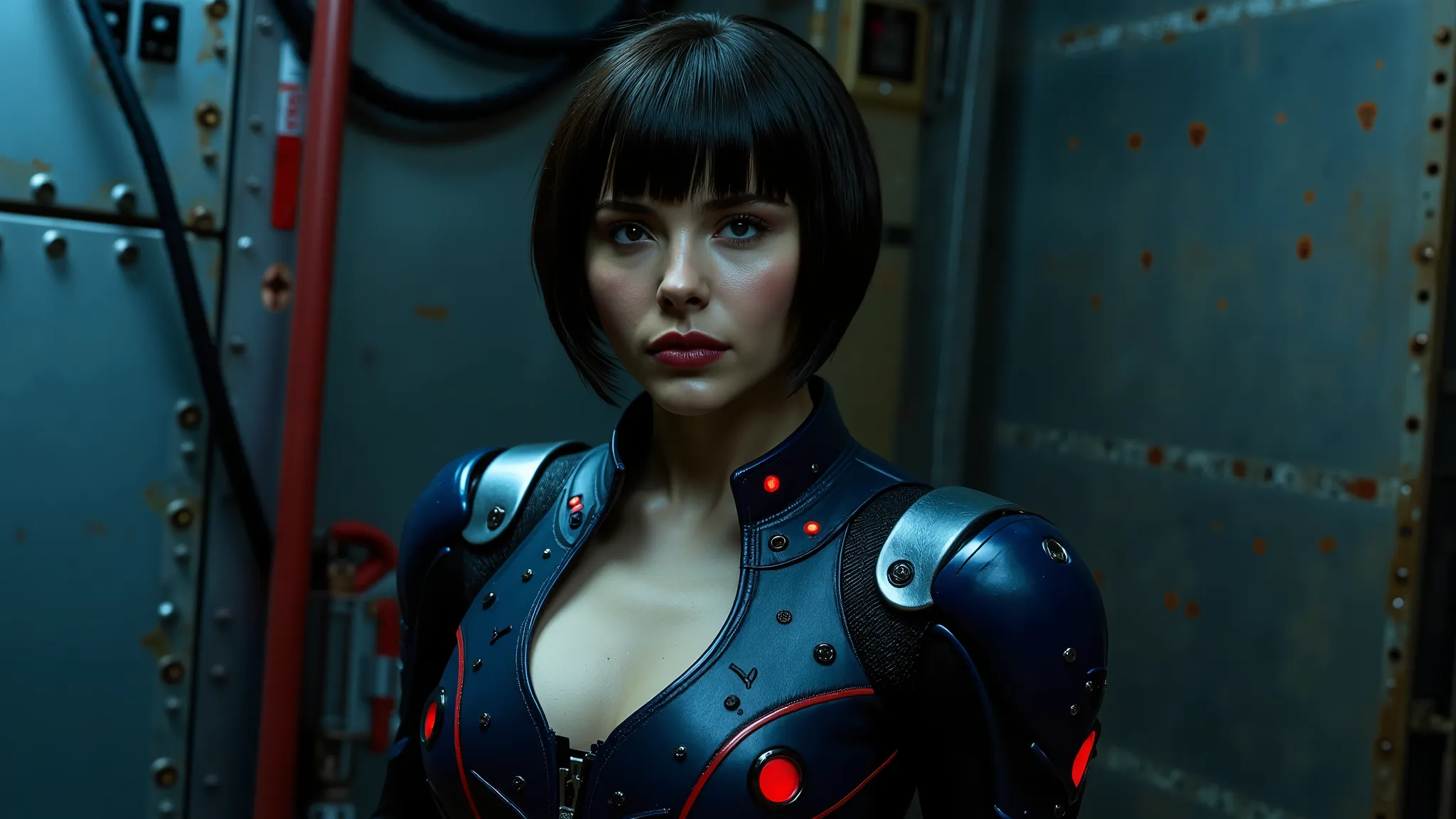 A woman in a futuristic setting wears a dark, form-fitting suit featuring shiny, armored elements across her body. Her short black hair has a slightly tousled look, which adds to the edgy atmosphere of the artwork. The suit's sleek design showcases a combi...