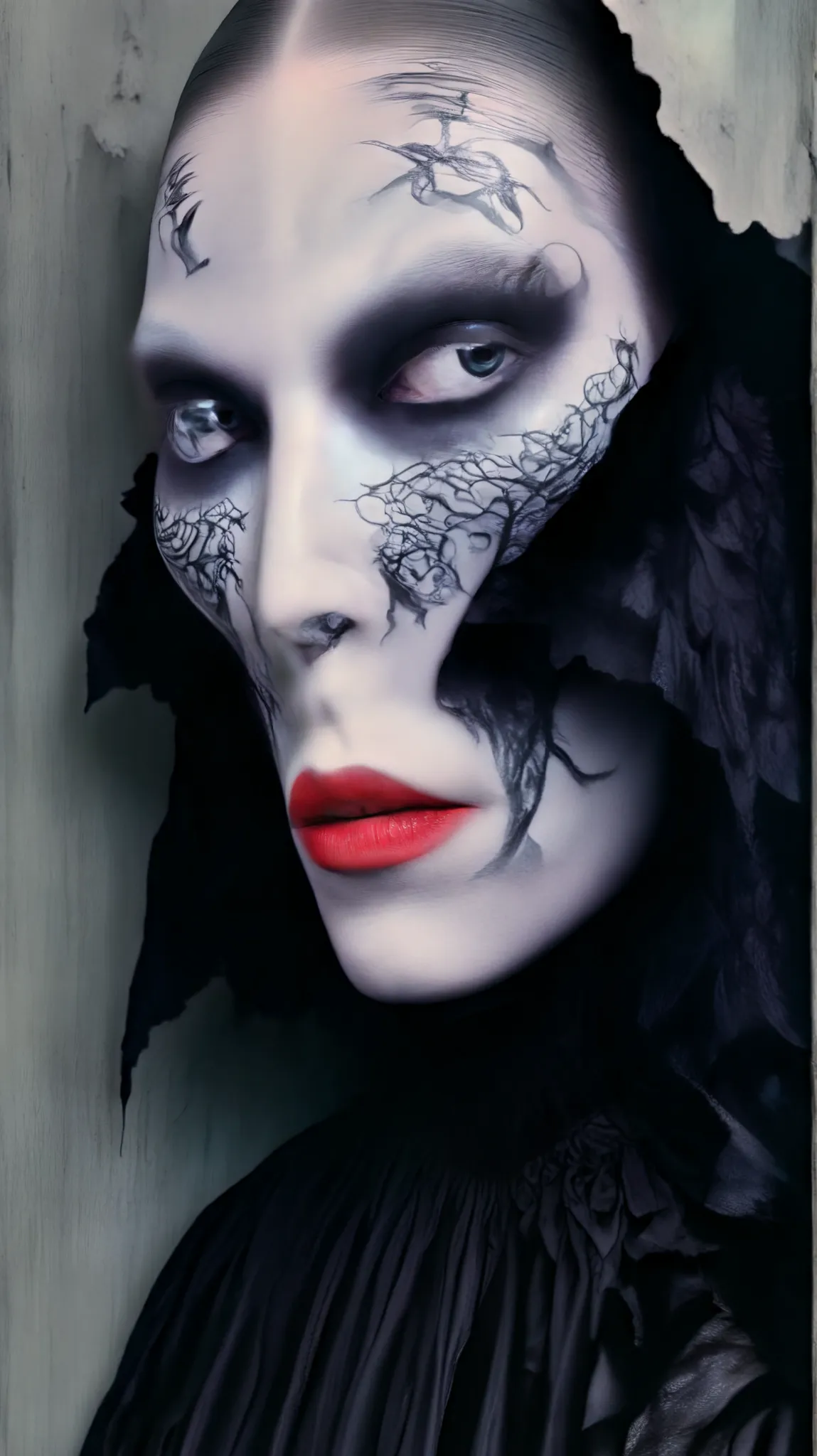Tim Walker inspired, photography, trendy close up, leather fetish extreme sinister, whimsical settings, surreal elements, creative storytelling, vibrant colors, (detailed face:1.05), hyperrealistic, Photorealistic. Gothic