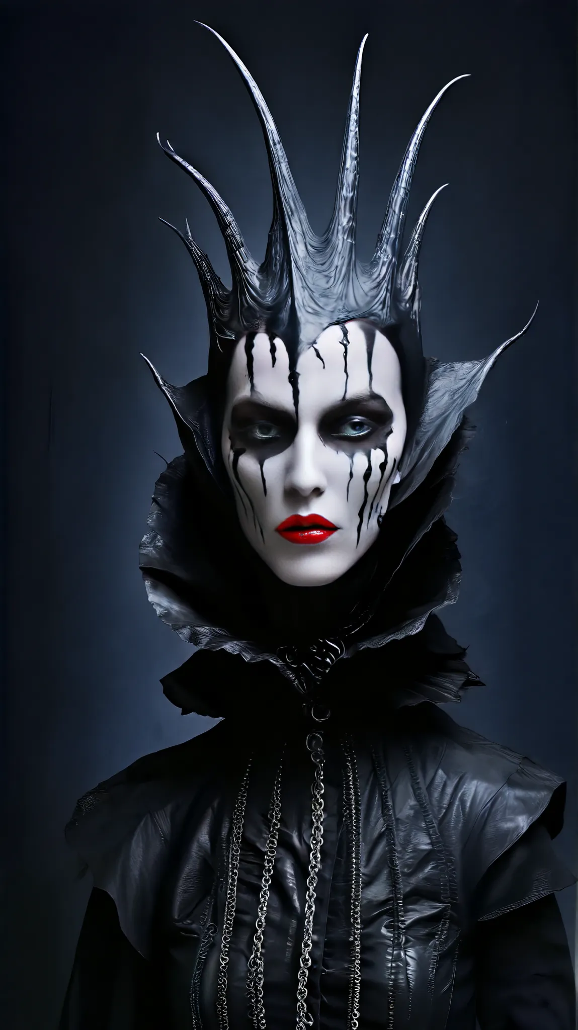 Tim Walker inspired, photography, trendy close up, leather fetish extreme sinister, whimsical settings, surreal elements, creative storytelling, vibrant colors, (detailed face:1.05), hyperrealistic, Photorealistic. Gothic