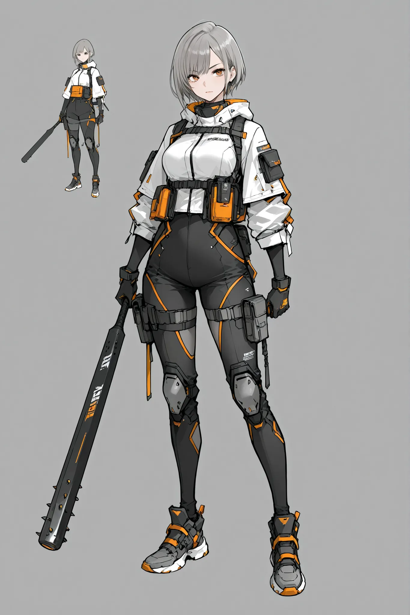 A beautiful adult girl with short hair and brown skewered style, wearing a futuristic-style techwear outfit, solid gray background color, full body, concept art, character design, wielding a long combat bat