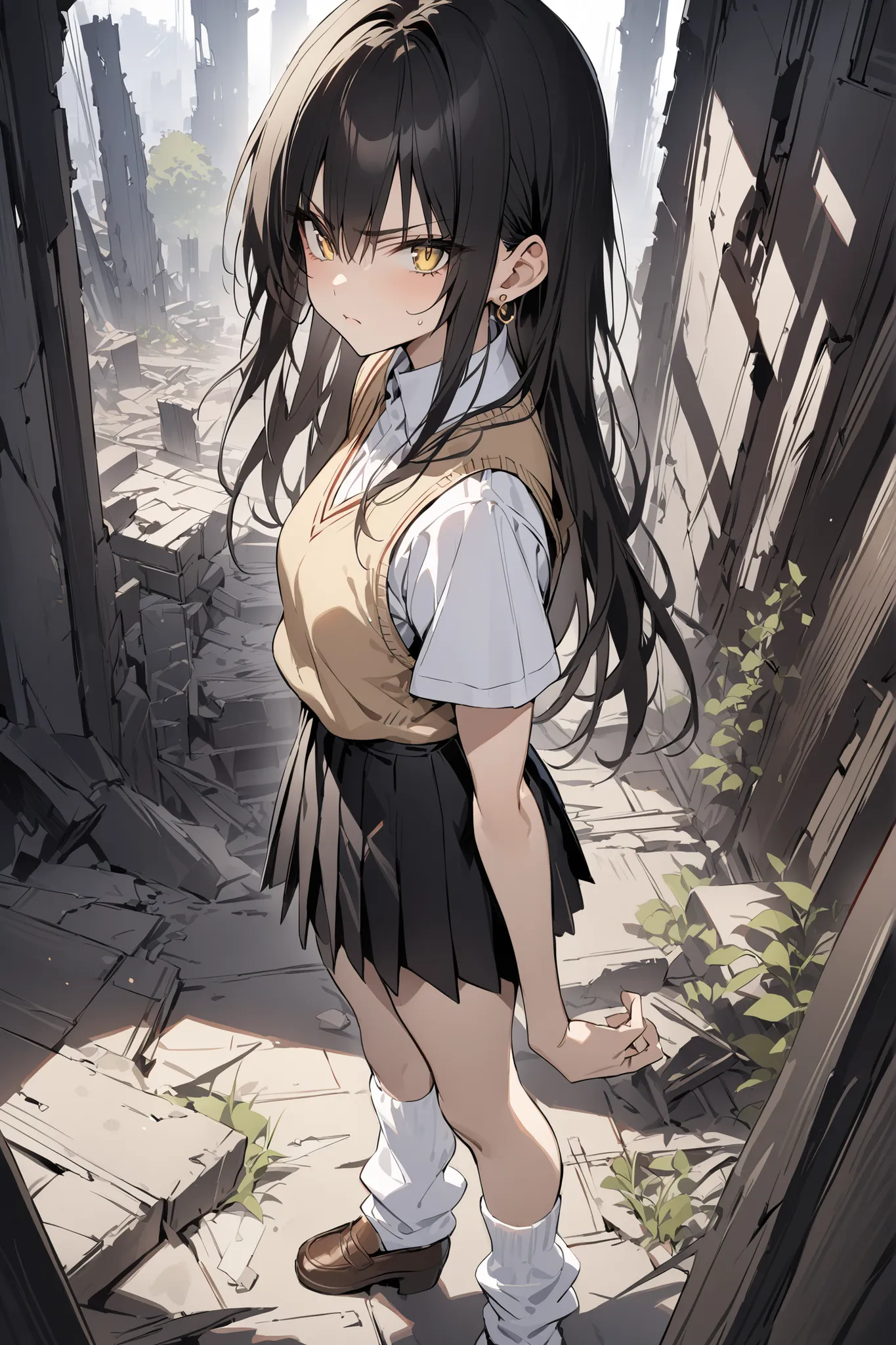 ((masterpiece,Highest Quality:1.2)),Slender high school girl standing in ruins,black long hair,Perfect yellow eyes, tree eyes ,serious expression,brown knit vest,white school short sleeve blouse,(Black Pleated Skirt), wear white loose socks,brown loafers f...