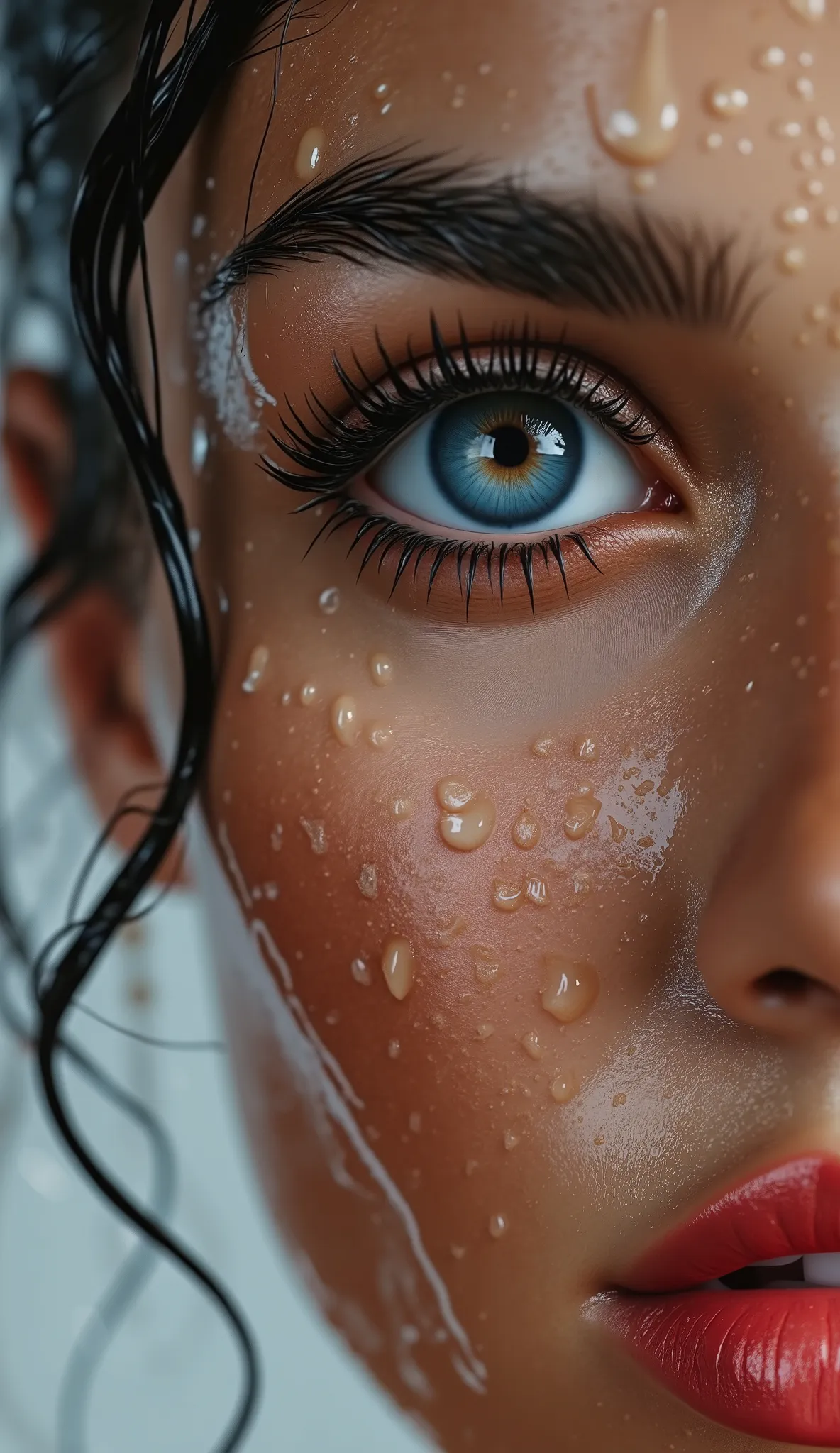 Realistic (photorealistic Realism), (high resolution), ((intricately detailed digital art)), professional photography a cute 1 slavic female, European, (ultra realistic texture details: velvety skin, hair),((close-up of her eyes:1.4)),((sharp focus, no blu...