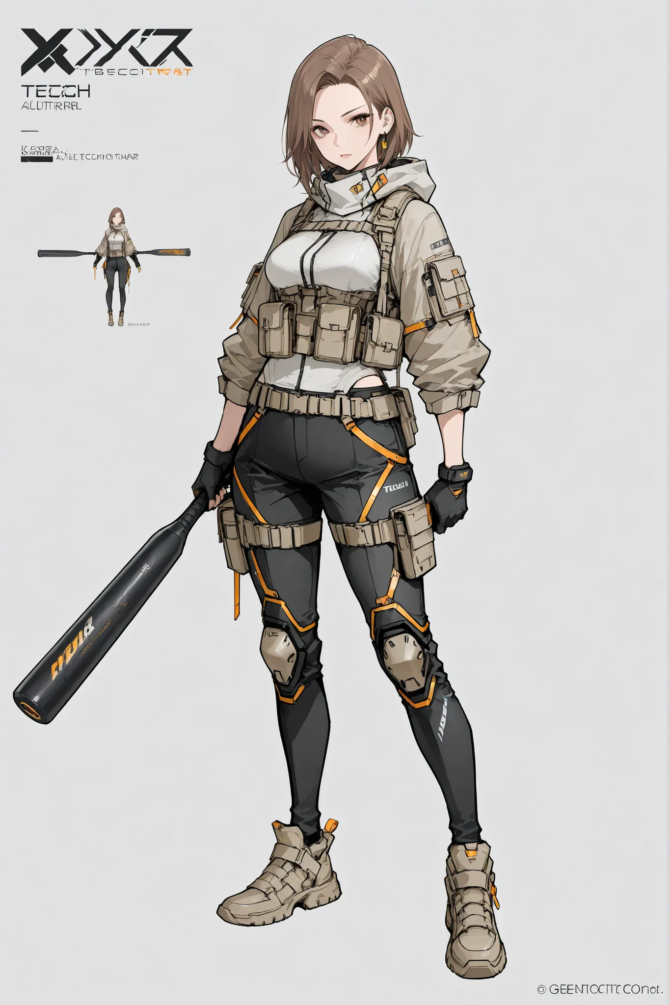 A beautiful brown-haired adult girl, wearing a futuristic-style techwear outfit, solid gray background color, full body, concept art, character design, wielding a long combat bat