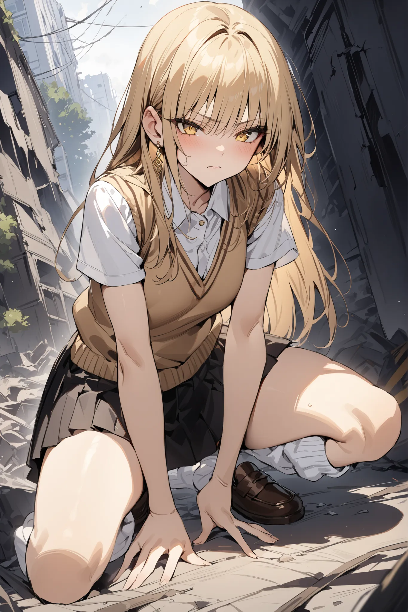 ((masterpiece,Highest Quality:1.2)),Slender high school girl crouching with legs spread out in ruins,gold long hair,Perfect yellow eyes, tree eyes ,serious expression,brown knit vest,white school short sleeve blouse,(Black Pleated Skirt), wear white loose ...