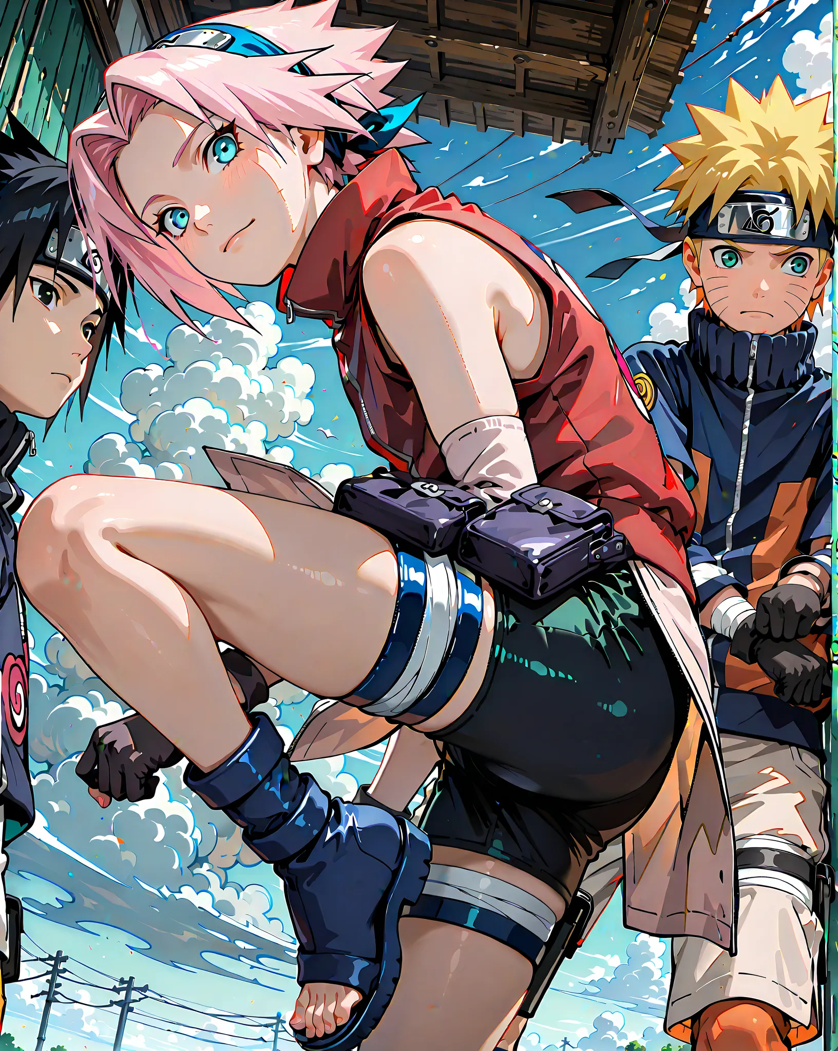 (masterpiece), (best quality), (insanely detailed)、(((3人)))、(((3人組のみ)))、(((3人組)))、3人組(Uchiha Sasuke:Naruto Uzumaki:Sakura Haruno)、(Uchiha Sasuke:black eyes, black hair, short hair, spiked hair, parted bangs, forehead protector, high collar, blue shirt, short sleeves, detached sleeves, white shorts, blue footwear, legs bandages, toeless footwear)、(Naruto Uzumaki:cute anime boy, kawaii anime boy, naruto uzumaki, male focus, ager, short hair, blonde hair, blue eyes, facial mark, whisker markings, cute face、orange and black jumpsuit, weapons pouch on left leg, black sandals)、(Sakura Haruno:haruno sakura, pink hair, short, hair, green eyes, forehead protector、sleeveless,forehead protector,hairband, black_gloves, bare_shoulders, red_shirt, konohagakure symbol,short hair、black shorts)、dynamic pose、action pose、dynamic angle、tilted angle、side view、low-angle shot, 30 degrees, detailed、wide-angle shot, distant shot, 青空、雲、