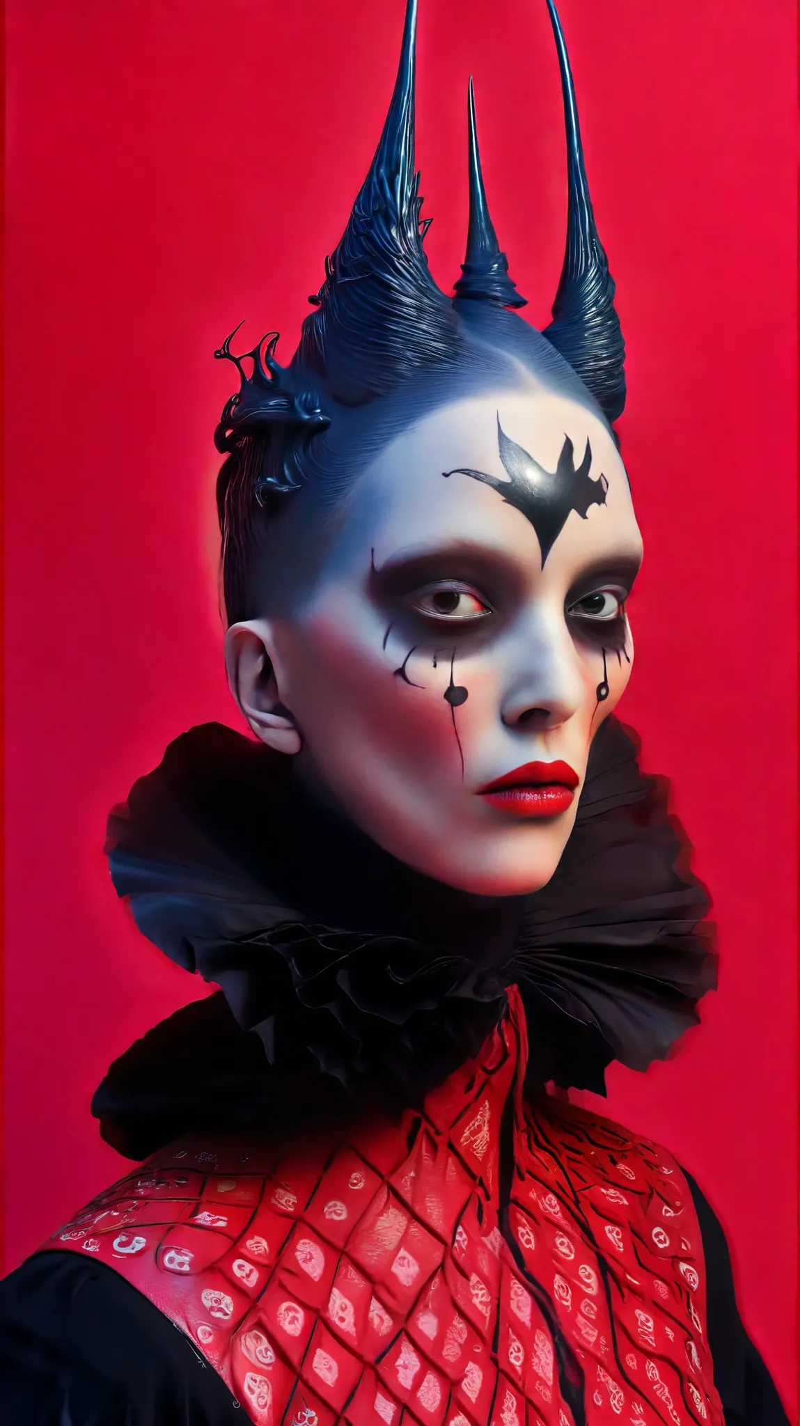 Tim Walker inspired, photography, trendy close up, Ultra-red background, leather fetish extreme sinister, whimsical settings, surreal elements, creative storytelling, vibrant colors, (detailed face:1.05), hyperrealistic, Photorealistic. Gothic
