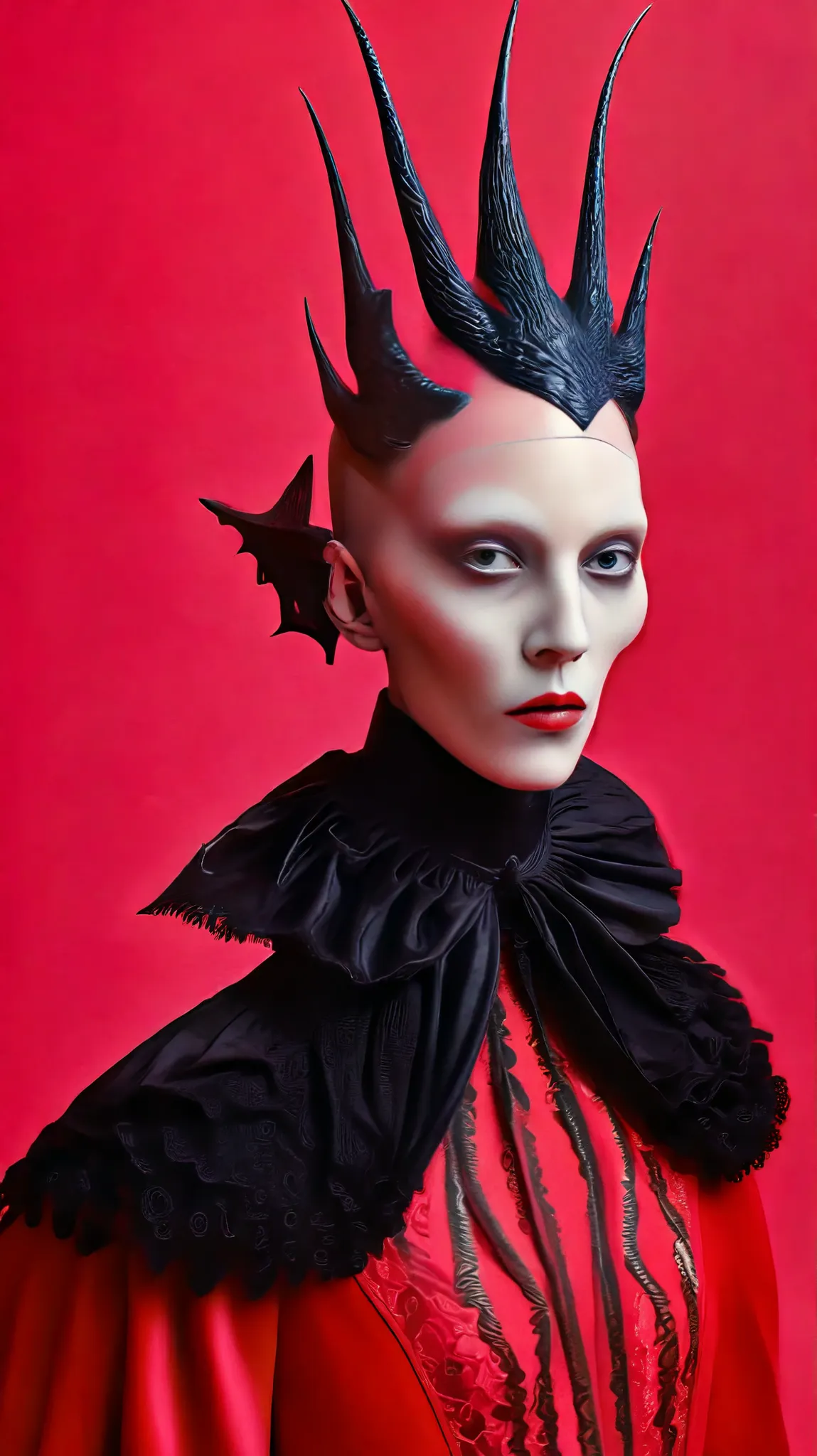 Tim Walker inspired, photography, trendy close up, Ultra-red background, leather fetish extreme sinister, whimsical settings, surreal elements, creative storytelling, vibrant colors, (detailed face:1.05), hyperrealistic, Photorealistic. Gothic