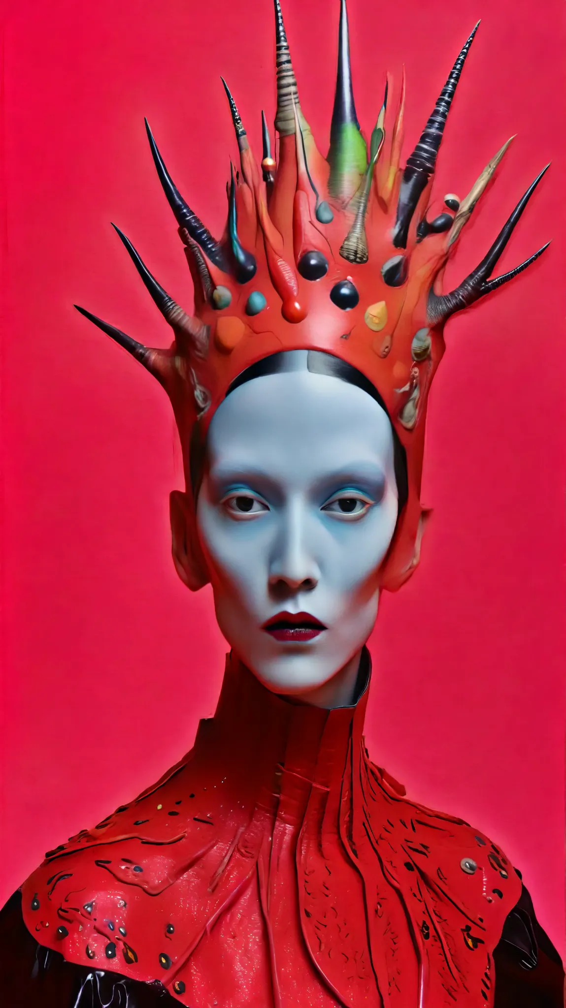 Tim Walker inspired, photography, trendy close up, Ultra-red background, leather fetish extreme sinister, whimsical settings, surreal elements, creative storytelling, vibrant colors, (detailed face:1.05), hyperrealistic, Photorealistic. Gothic