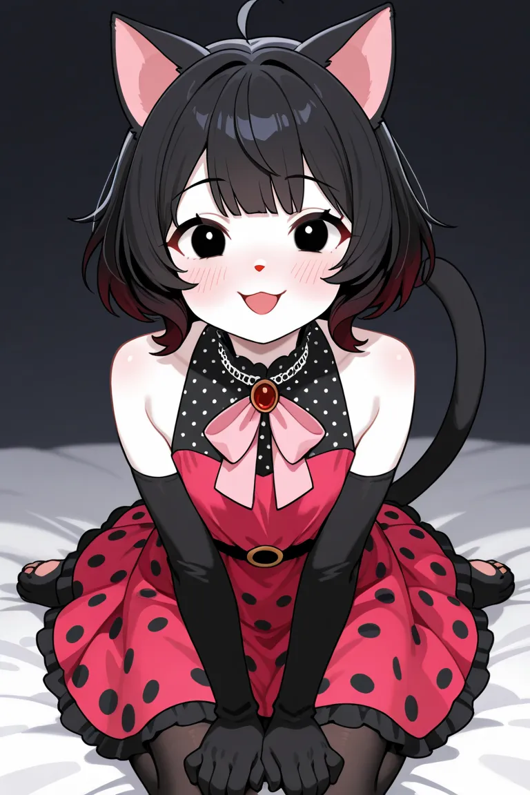Hair & Ears: She has long, black hair with soft waves and a small hair tuft sticking up at the top. Prominently, she has large black cat ears with pink inner ears, she has snow white skin tone.

Face: Her face is white with a simple, expressive style. She has black eyes and a small open mouth in a cheerful expression. Her cheeks are flushed with pink blush, and a small, dark red nose.

Outfit: She's wearing a sleeveless dress with a pink-to-grey gradient and black polka dots. The dress has a light ruffle at the bottom and a cute pink bow at the collar, and Black tights and a black sholderless longsleeve undershirt below her dress, and she has black paws for hands.

Body Style: The character's body is minimalist and mostly black, giving a silhouette-like appearance except for her face and clothing.