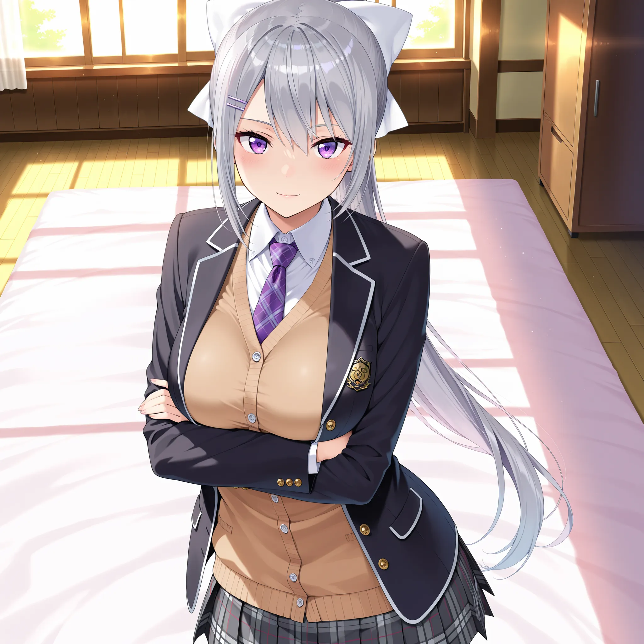 solo,masterpiece,best quality, amazing quality, highres, absurdres, very aesthetic, high resolution, ultra detailed, perfect details,nijikaede,purple eye,grey hair,long eyelashes,long hair,ponytail,white bow,hair pin,nijikaedecos,white shirt,purple necktie...