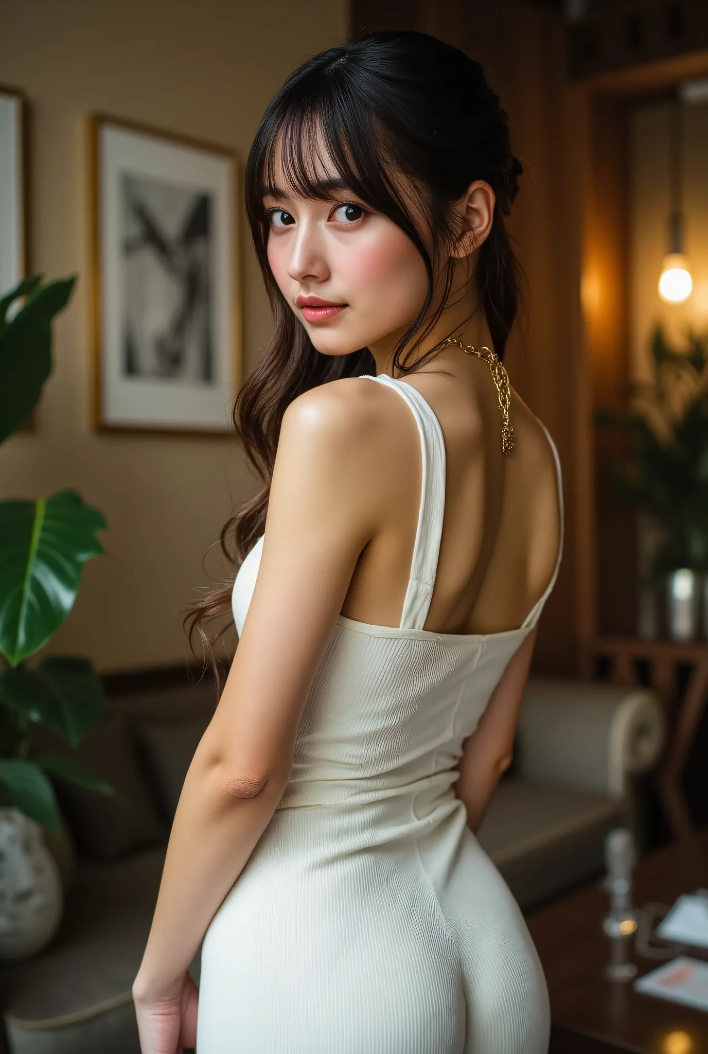 ((anatomically accurate human body structure)), ((photorealistic:1.5)), (NSFW), Highest Quality, masterpiece, Ultra High Definition, realistic, absurd, ((Very sexy pose)), ((Whitish off-white long, tight knit dress)), (1 person), ((very sexy and seductive ...