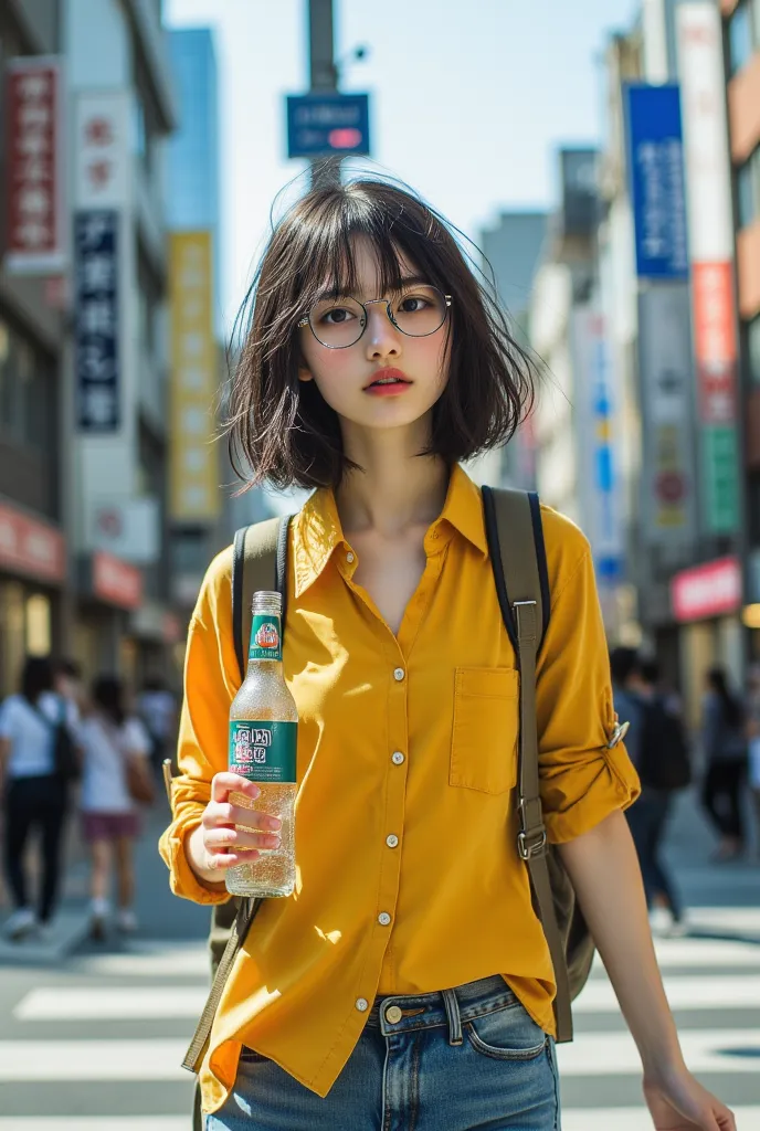 ((Highest Quality、masterpiece、high sensitivity、high definition、detailed depiction、depicting a delicate face、Ｆvalue：6.0),((Slender Woman、wearing glasses)),yellowＴshirt、carrying a rucksack over your shoulder、holding a bottle of Ramune、Crossing the intersection、