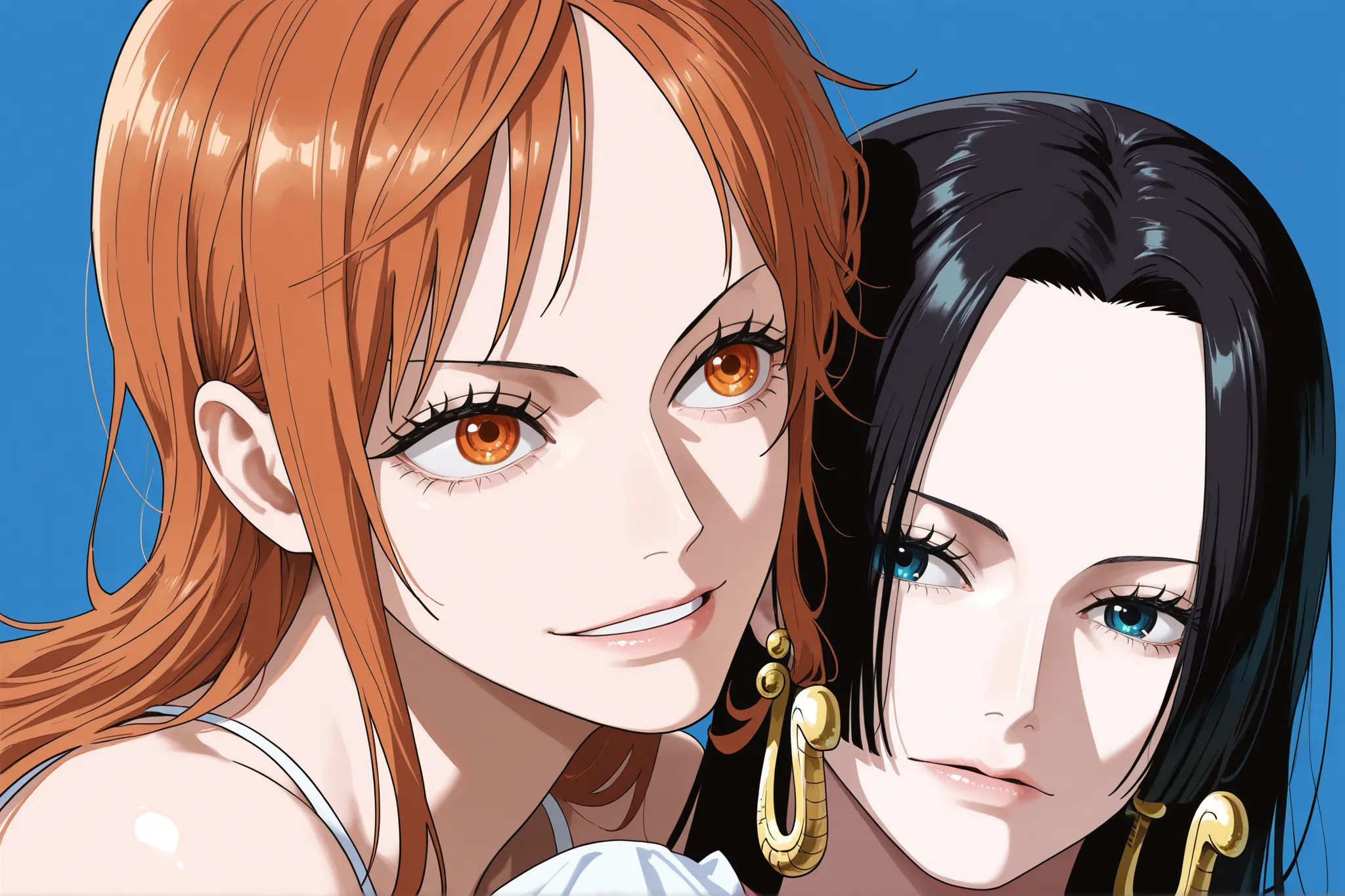 masterpiece, best quality, amazing quality, 2girl, (Boa Hancock, One Piece, Chainsaw man, blue eyes, black hair), (Nami, One Piece, Chainsaw man, orange eyes, orange hair) , close up shot, simple background, golden ratio face, sexy pose, Pinkish skin tone,...
