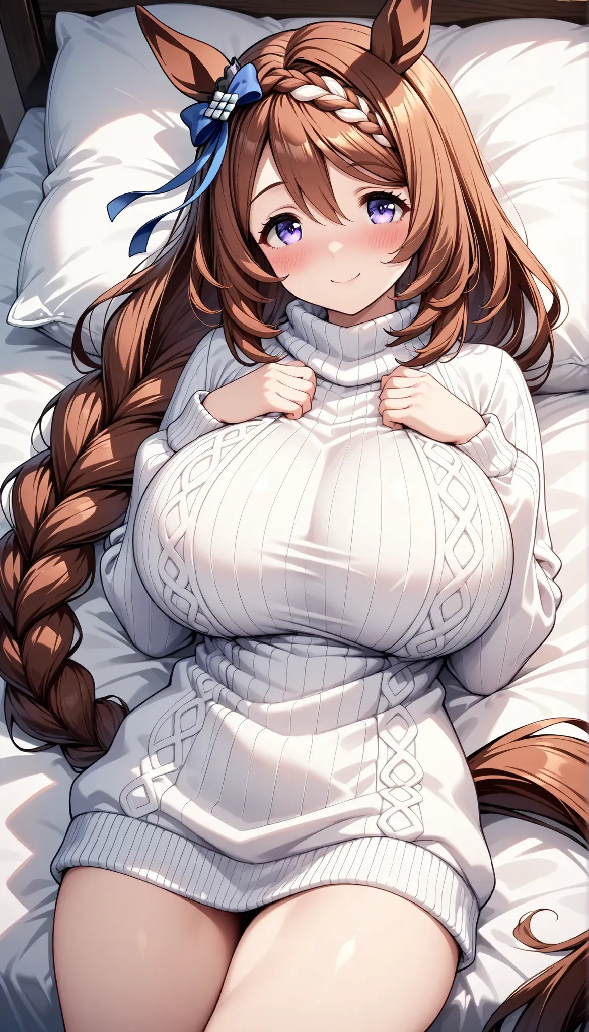 best quality,4k,8k,1girl,(huge breasts),blush,smile, super creek (umamusume), ear ribbon, braid, streaked hair, bow, braided ponytail, multicolored hair, horse girl, smile, very long hair, ear bow, sweater, horse ears, hair between eyes, blue bow, animal e...