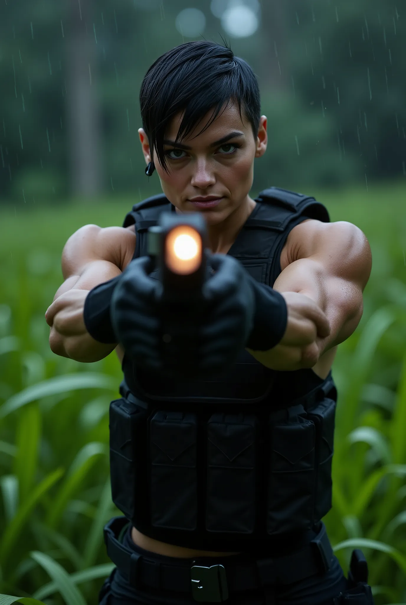 (facing forwards), looking directly into the camera, A stunning skinny fashion model in full black military gear with tactical vest, firing her pistol with both hands, aiming directly forwards, utility belt, handgun holster on her side, is standing in very...