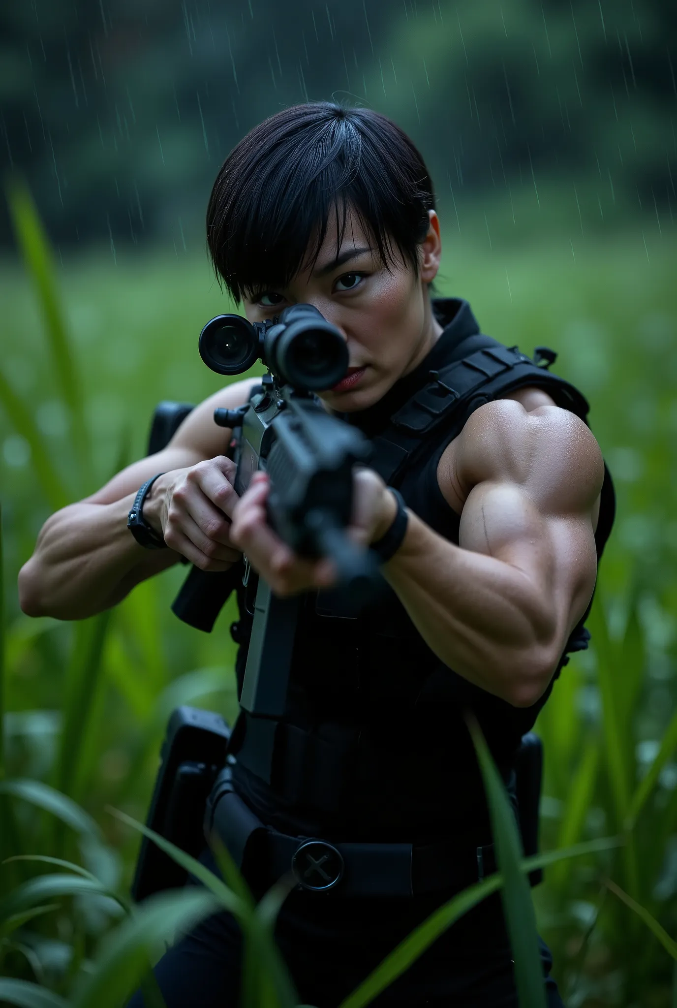 (facing forwards), looking directly into the camera, A stunning skinny asian fashion model in full black military gear with tactical vest peering through the scope of her military rifle, aiming directly forwards, utility belt, handgun holster on her side, ...
