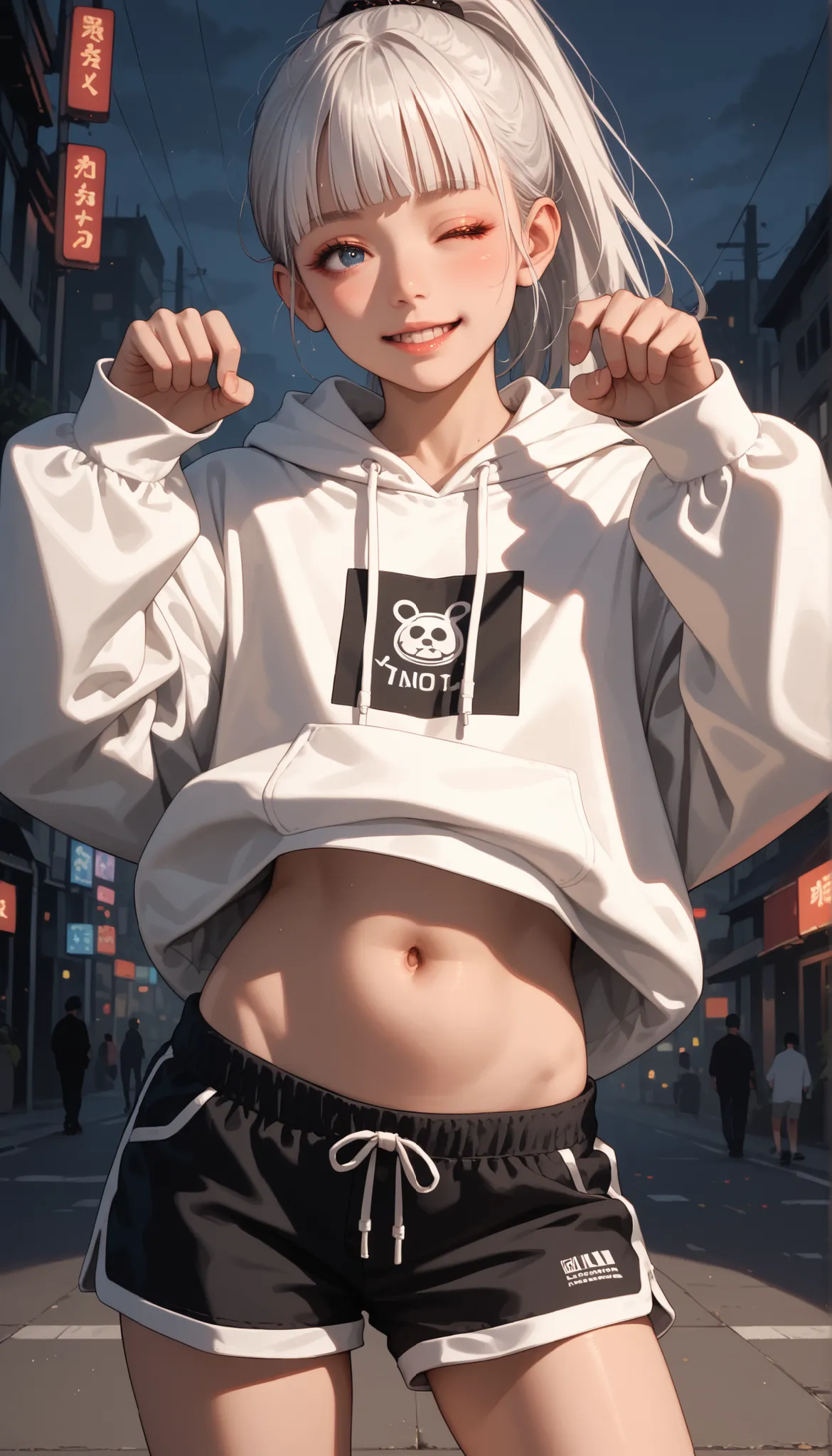 Score_9, score_8_up, score_7_up, score_6_up, source_anime, rating:general, 1girl, long white hair, ponytail, blunt bangs, dark blue eyes, perfect face, pale white skin, flat chest, wearing an oversized hoodie, fleece shorts, slender build, slender legs, cu...
