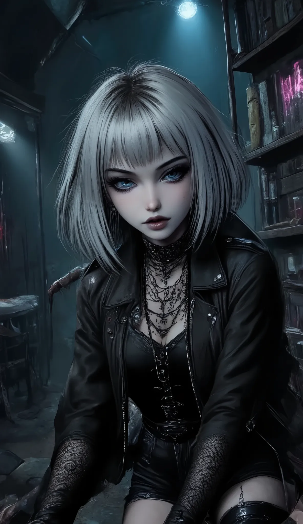 Masterpiece, ultra high quality, fine details, emo girl, 20 year old, pale face, white skin, long silver hair, various tattoos, leather jacket, Doc Martens shoes, full size photo, dark atmosphere, vampires feeling, gothic room,