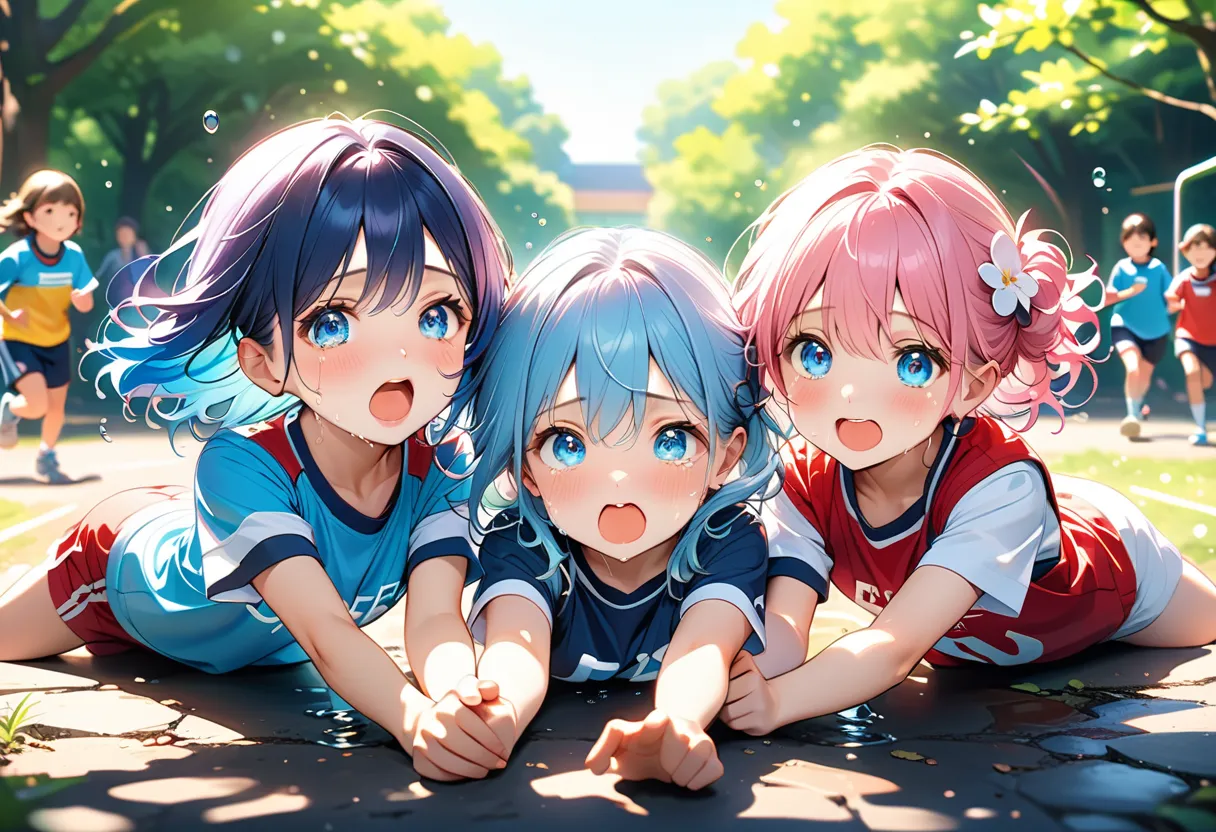 Highest Quality、high definition、Detailed Background、beautiful face in every detail、anatomically accurate、fine grain、An athletic meet is being held in the schoolyard of an urban elementary school under a beautiful spring blue sky with dazzling sunlight filtering through the trees、taken from behind at an angle３little girls are tangled and almost fall over、((three s、lower elementary school:1.5))、((cute white short-sleeved gym clothes with lines on the collar and sleeves {x} The three stand side by side and stretch their hands toward the ground and are about to poke their hands、on the playground、地面伏せている、you can see the back of your head、Super forward leaning posture 、full bodyを真っすぐに伸ばす))、(speedline:1.5、motion blur:1.5、Dynamic Pose:1.5、dynamic angle:1.5、The foreground is blurry))、((lying on the ground、full body、focus on the face:1.5)),　in their 40s　((Stray hair:1.5))、((Each has pink, pink, and blue hair color:1.5、The three are about the same height and build))、((super detailed facial depiction :1.uper detailed depiction of eyes:1.5))、(big, beautiful, clear blue eyes)、  long, rich eyelashes 、I can see her plump lips、pink lips、braided twin tail、in their 40s　(they are lining up sideways and falling forward、Cute hair accessories、Cute sneakers:1.5)、((bothered expression:1.5、I Open My Mouth Wide and Shout、almost crying:1.5、watery eyes:1.5))、Pale Light