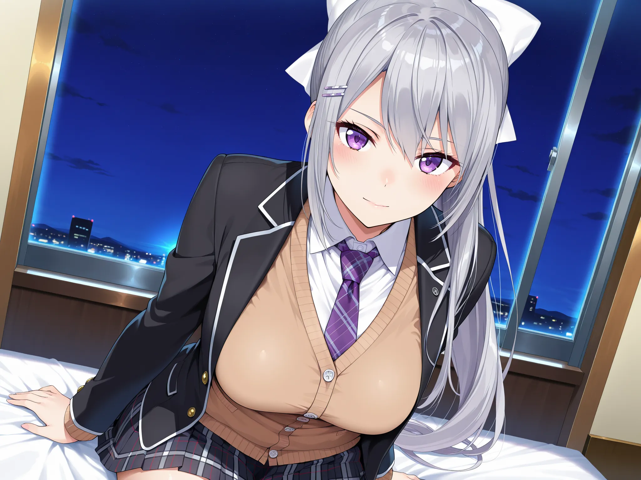 solo,masterpiece,best quality, amazing quality, highres, absurdres, very aesthetic, high resolution, ultra detailed, perfect details,nijikaede,purple eye,grey hair,long eyelashes,long hair,ponytail,white bow,hair pin,nijikaedecos,white shirt,purple necktie...