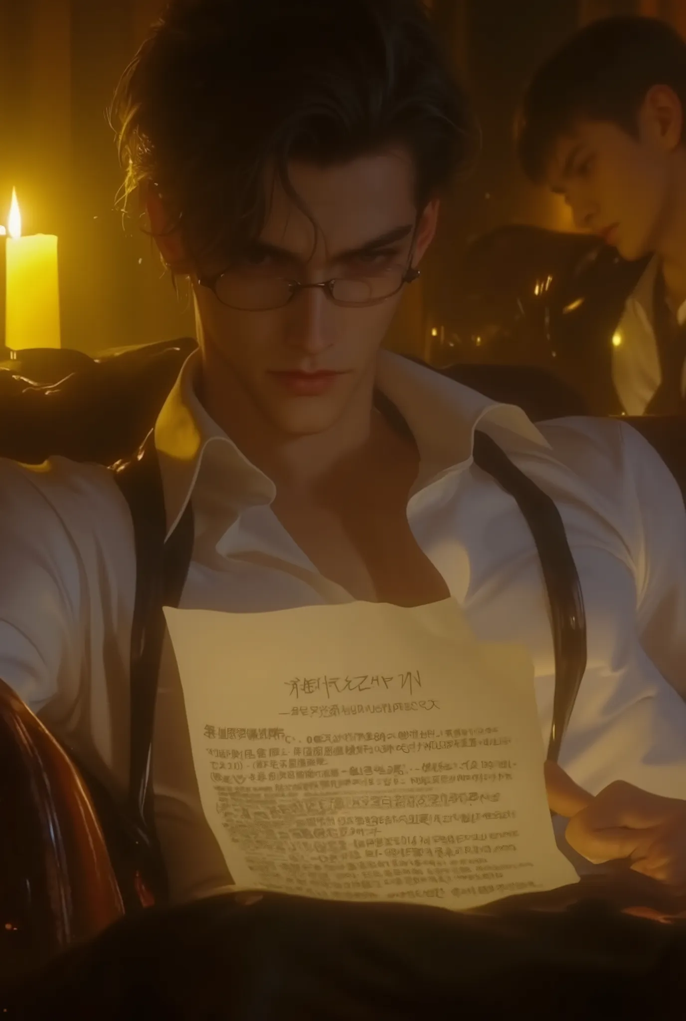 Nam ,middle-aged, American, strong masculinity , Short black hair swept backwards, sitting on the sofa, wearing glasses ,wear shirt,  rolled up sleeves ,  healthy muscles , big toned arms, tendons , Strong jaw contour , gray eyes. keen gaze, is cold. Yello...