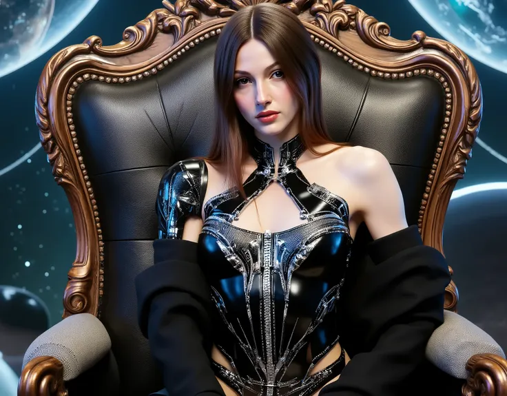 arafed woman in a leather suit sitting in a chair, dominatrix robot, powerful woman sitting in space, cyber suit, goth cybersuit, cybersuit, diverse cybersuits, cybersuits, cyberpunk glossy latex suit, dominatrix assassin robot, futuristic glossy latex sui...