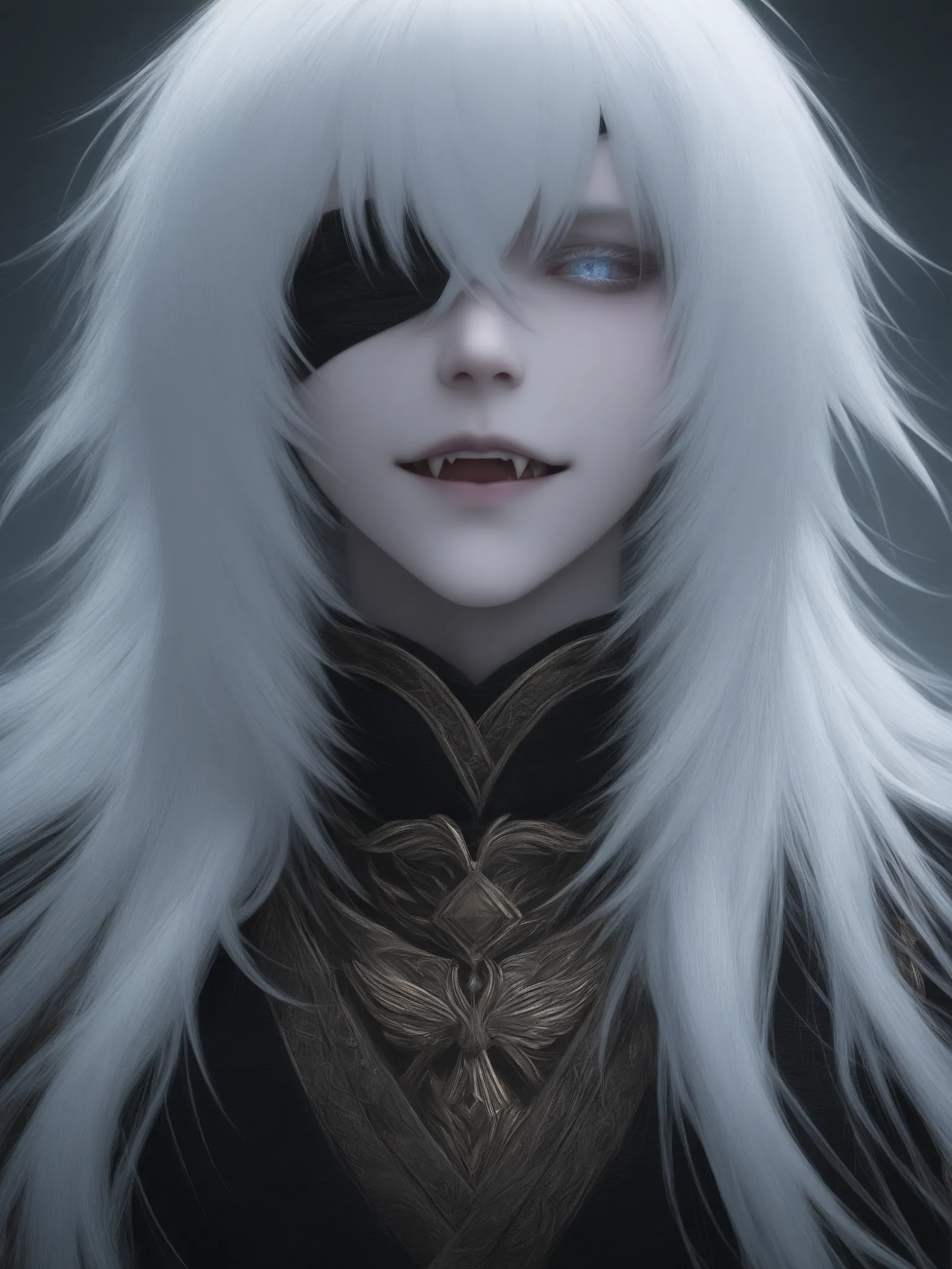 Male. White Hair with Eye-covering Bangs. Crimson Irises. Fangs. Pale White Skin. Black & Gold Noble Garments. Cold Expression.